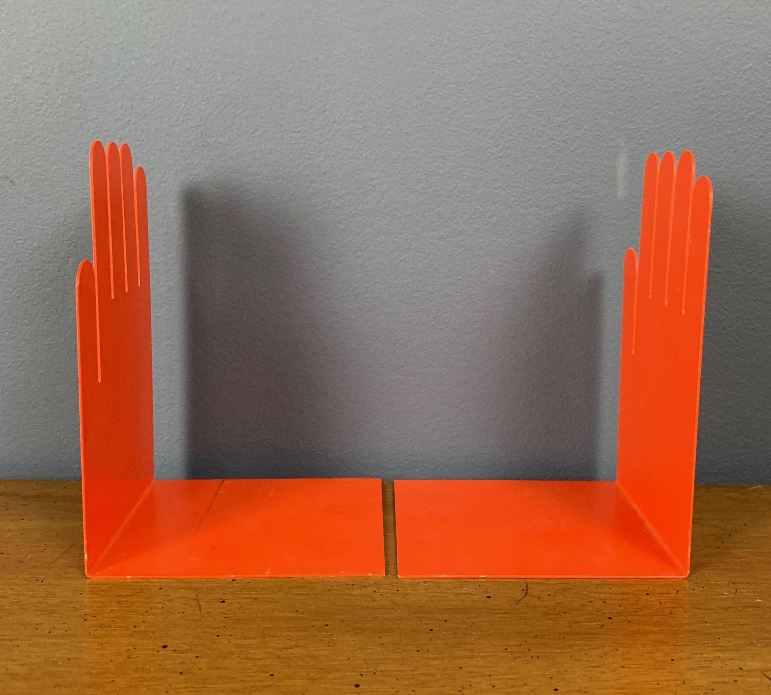 Steel 1980s Postmodern Orange Hand Bookends, a Pair
