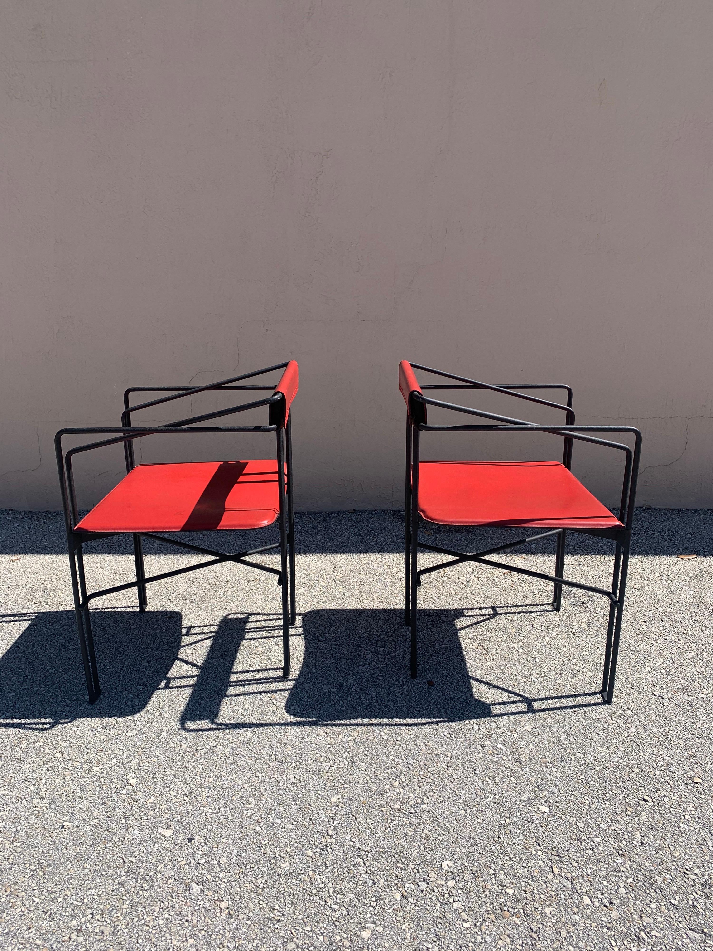 1980s Post Modern Red Leather Chairs, a Pair In Good Condition In Boynton Beach, FL