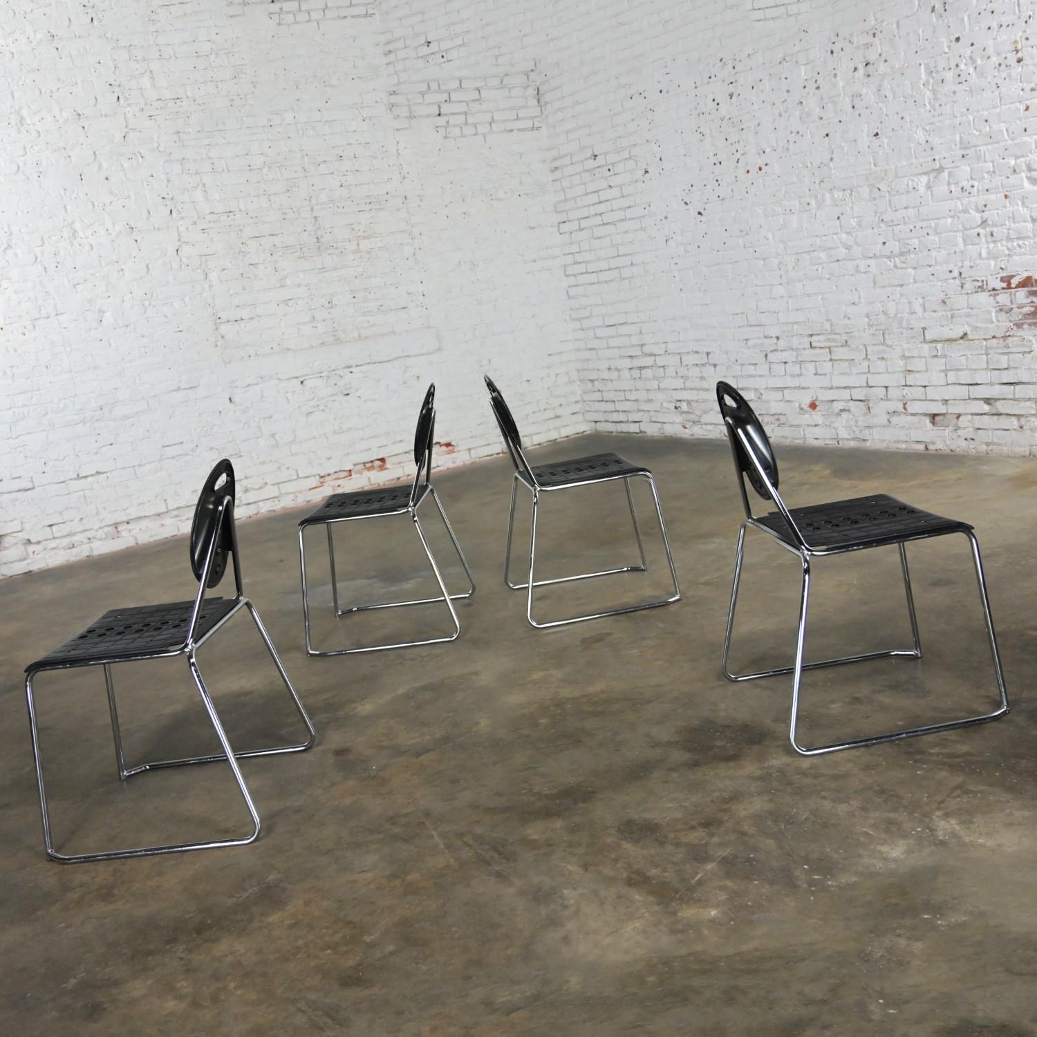 1980s Post Modern Segis Italia Black Plastic & Chrome Charlie Side Chairs Set 4  For Sale 11