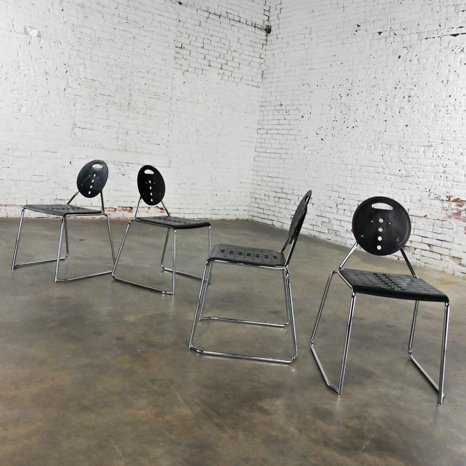 1980s Post Modern Segis Italia Black Plastic & Chrome Charlie Side Chairs Set 4  For Sale 2