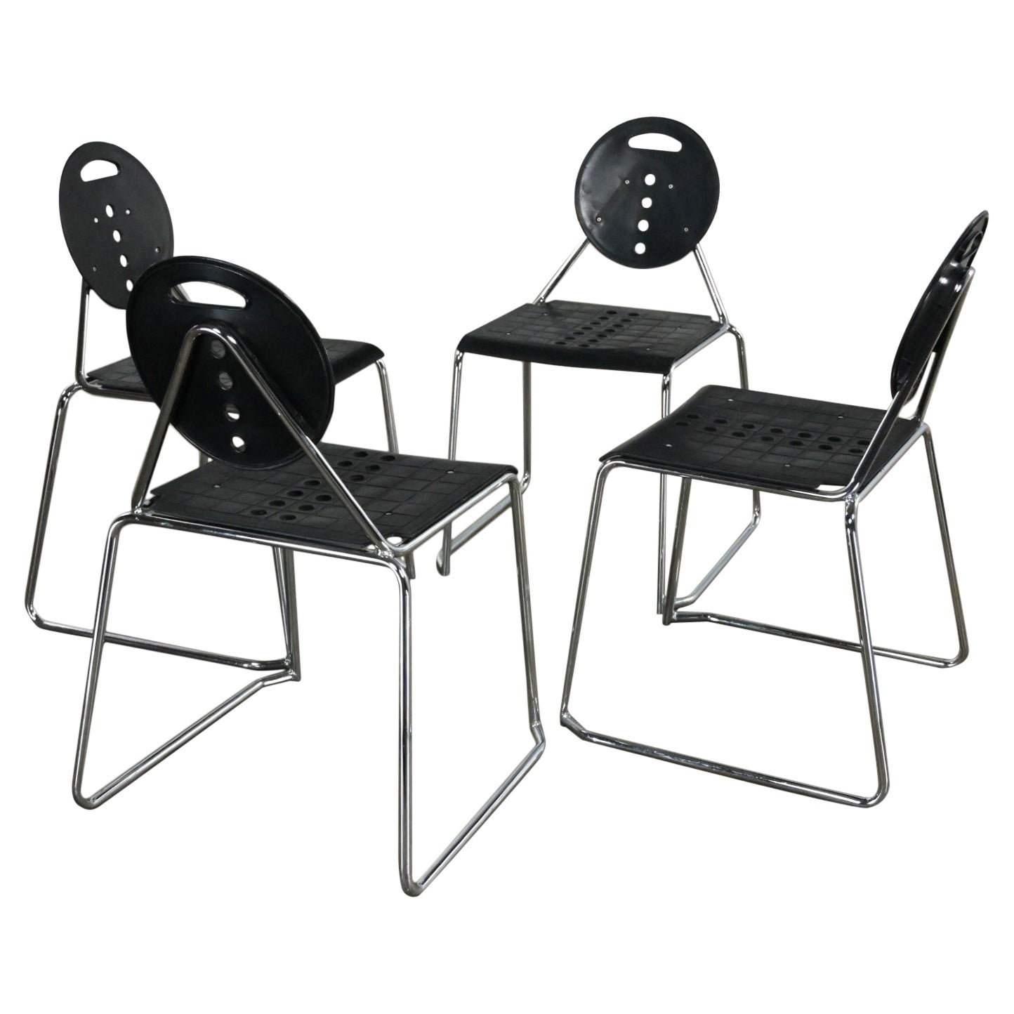 1980s Post Modern Segis Italia Black Plastic & Chrome Charlie Side Chairs Set 4