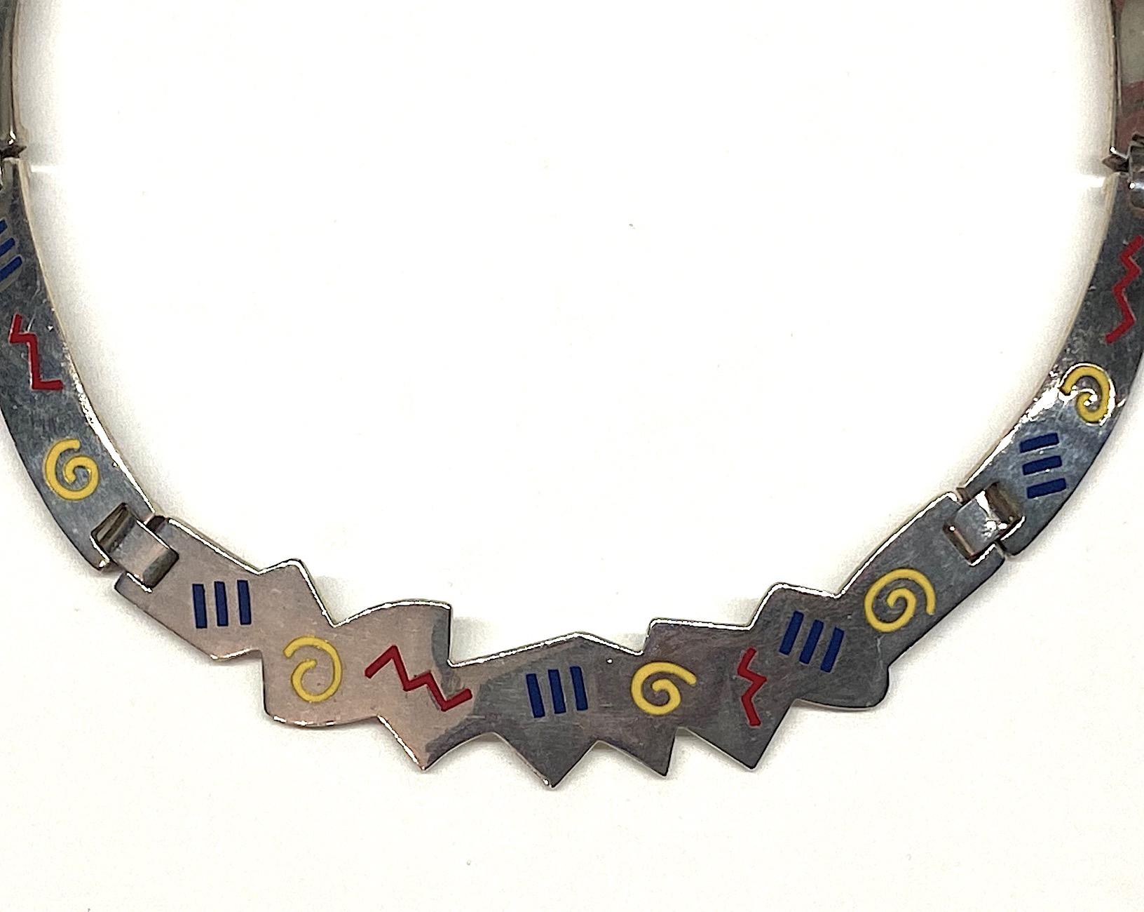 Women's 1980s Post Modernist Memphis Style Sterling Silver & Enamel Necklace