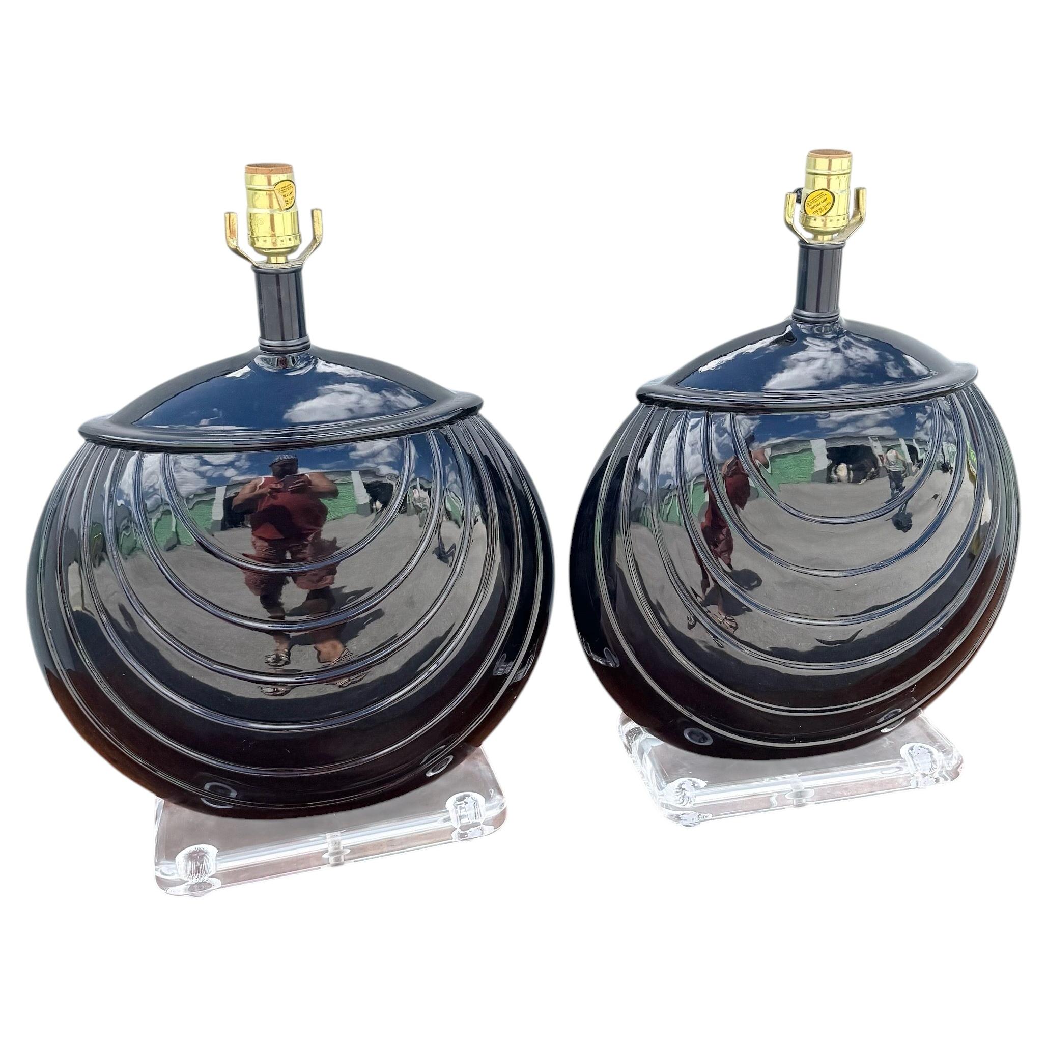 1980s Postmaster Deco Black Gloss Ceramic and Lucite Table Lamps - A Pair For Sale
