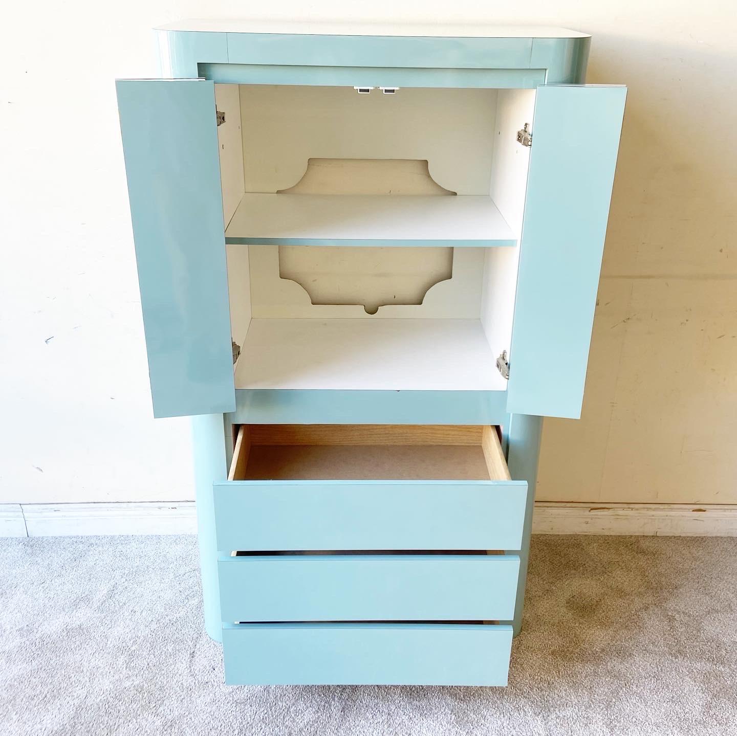 1980s Postmodern Aqua Blue Lacquer Laminate Armoire In Good Condition In Delray Beach, FL