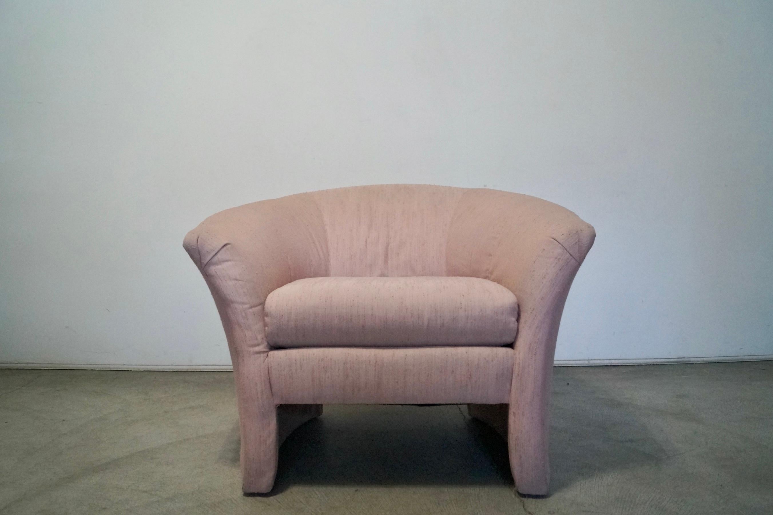 Vintage post-modern art deco barrel chair for sale. Very comfortable and well made. Has a great barrel back design with a great back. Fully upholstered in the original vintage soft blush pink fabric. Fabric is old and worn. In the style of Vladimir