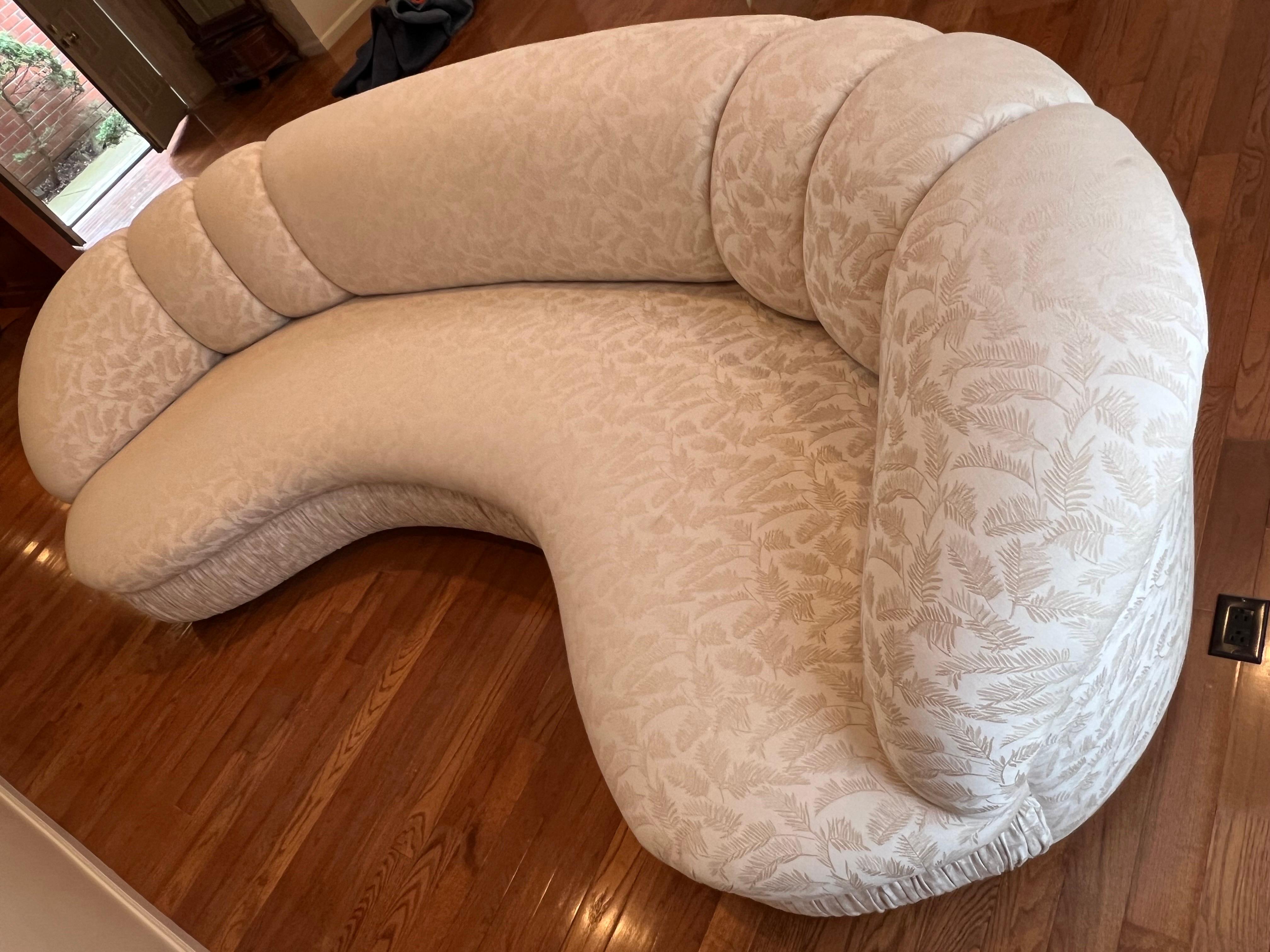 Postmodern kidney sofa with unique textile patterns. Custom Made in 1980 in fantastic condition.