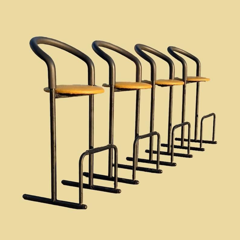 1980's Postmodern Barstools by Les Industries Amisco, Canada, Leather Minimalist For Sale 3