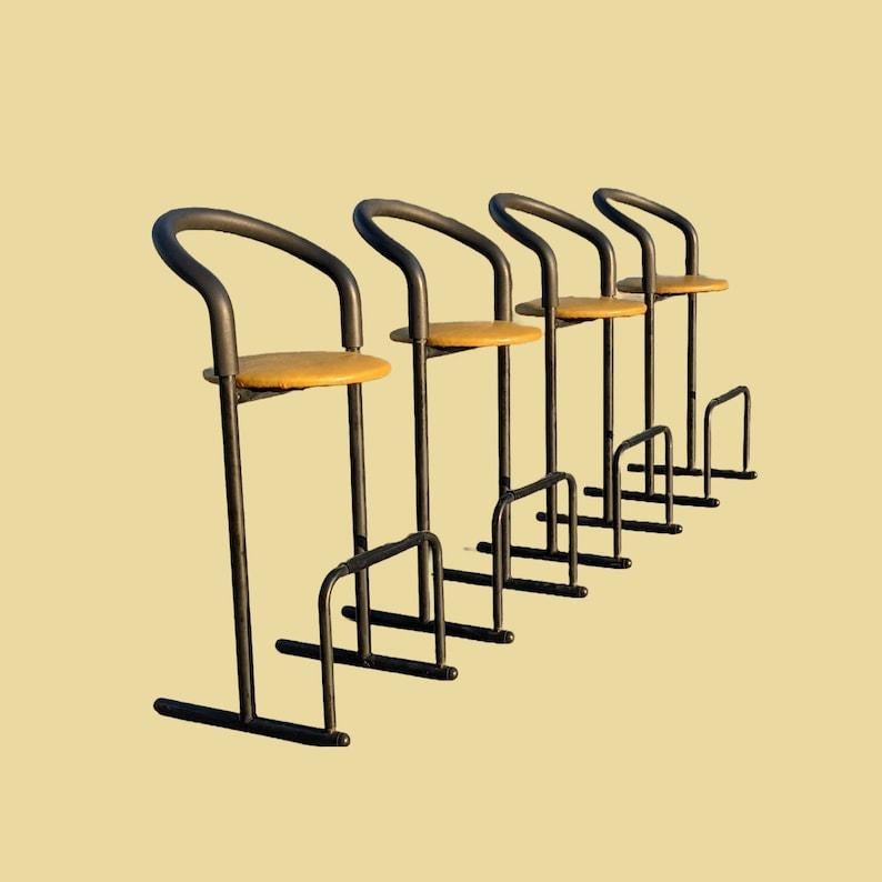 1980's Postmodern Barstools by Les Industries Amisco, Canada, Leather Minimalist In Good Condition For Sale In Rancho Cucamonga, CA