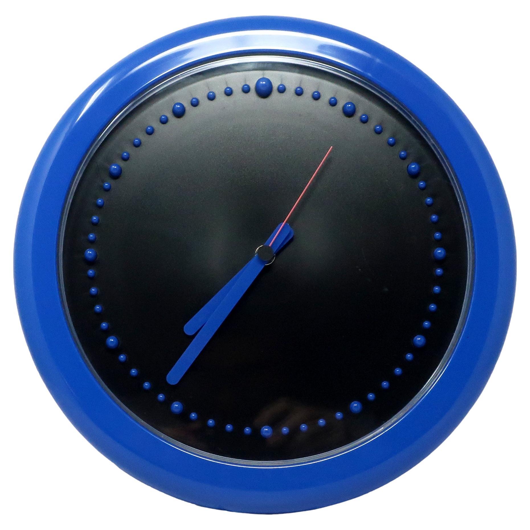 1980s Postmodern Black and Blue Rexite Zero 980 Wall Clock For Sale