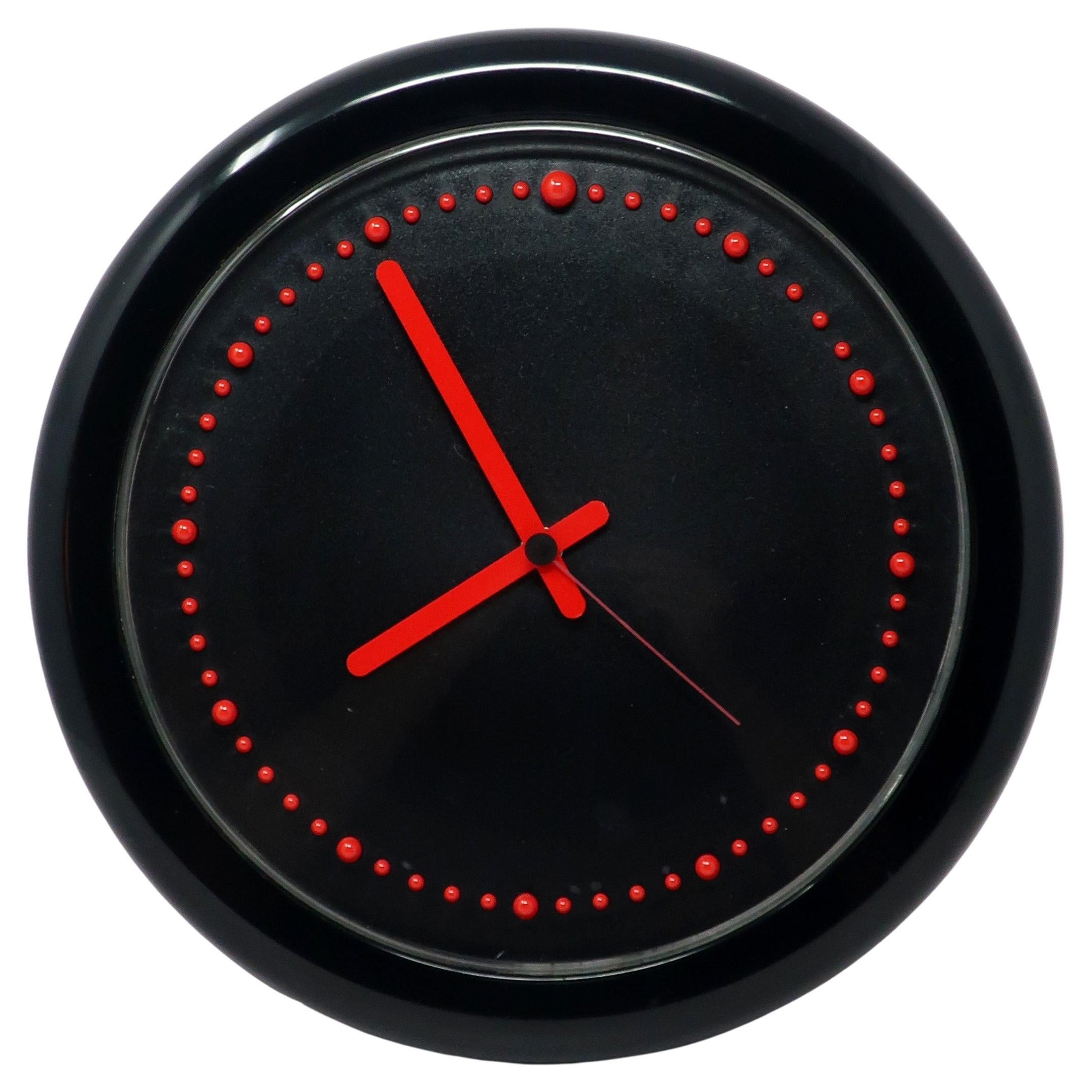 1980s Postmodern Black and Red Rexite Zero 980 Wall Clock For Sale