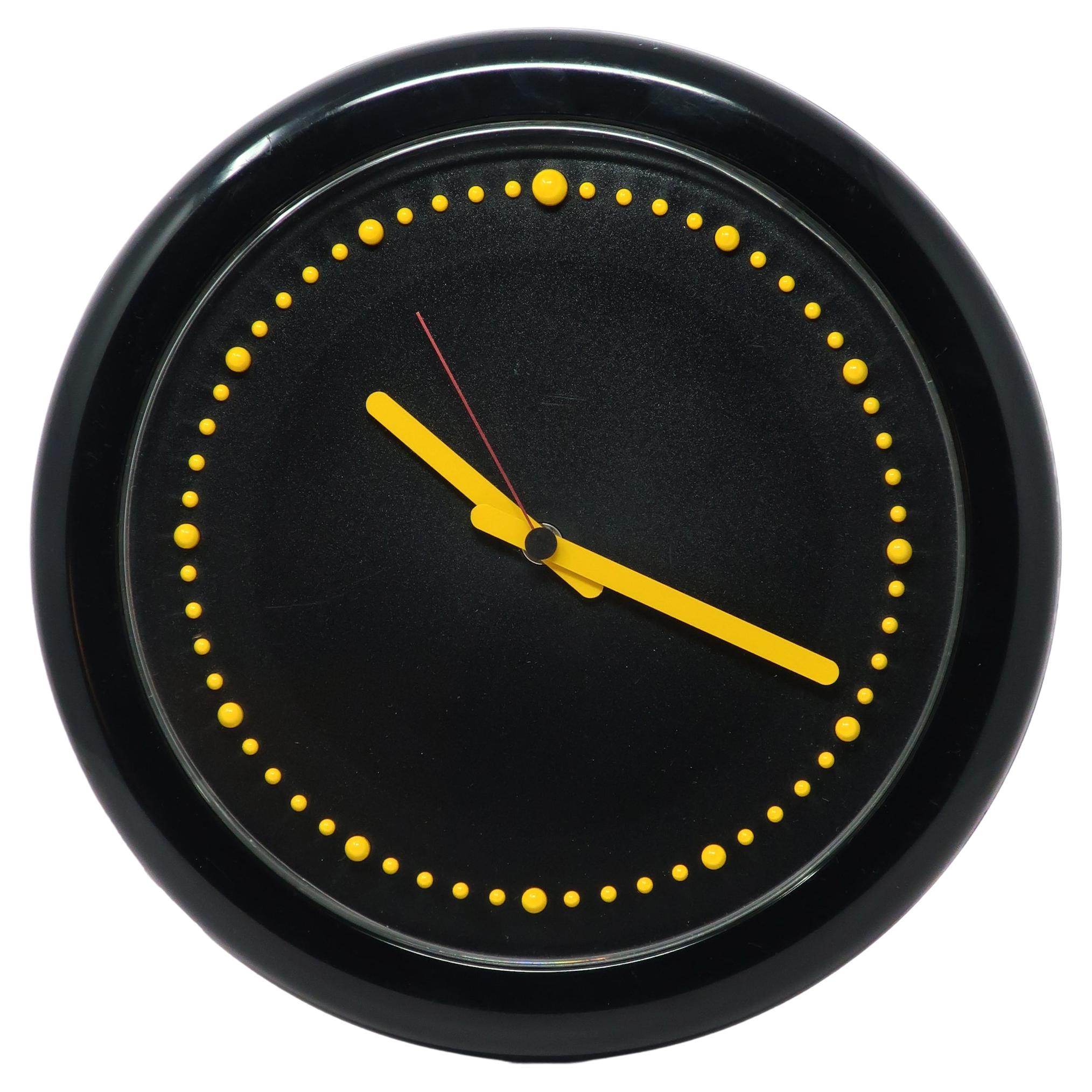 1980s Postmodern Black and Yellow Rexite Zero 980 Wall Clock For Sale