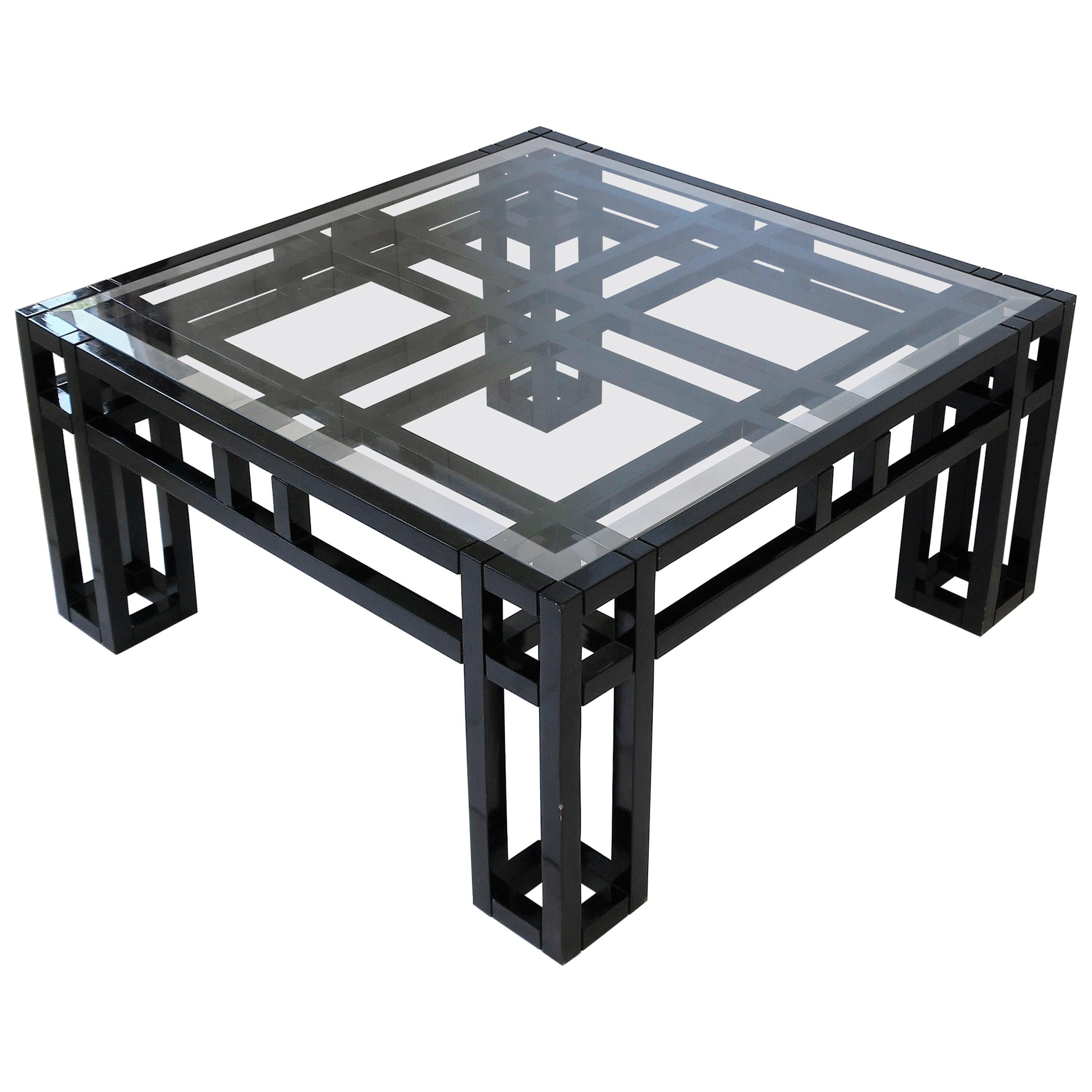 1980s Postmodern Black Lacquer and Glass Geometric Square Coffee Table