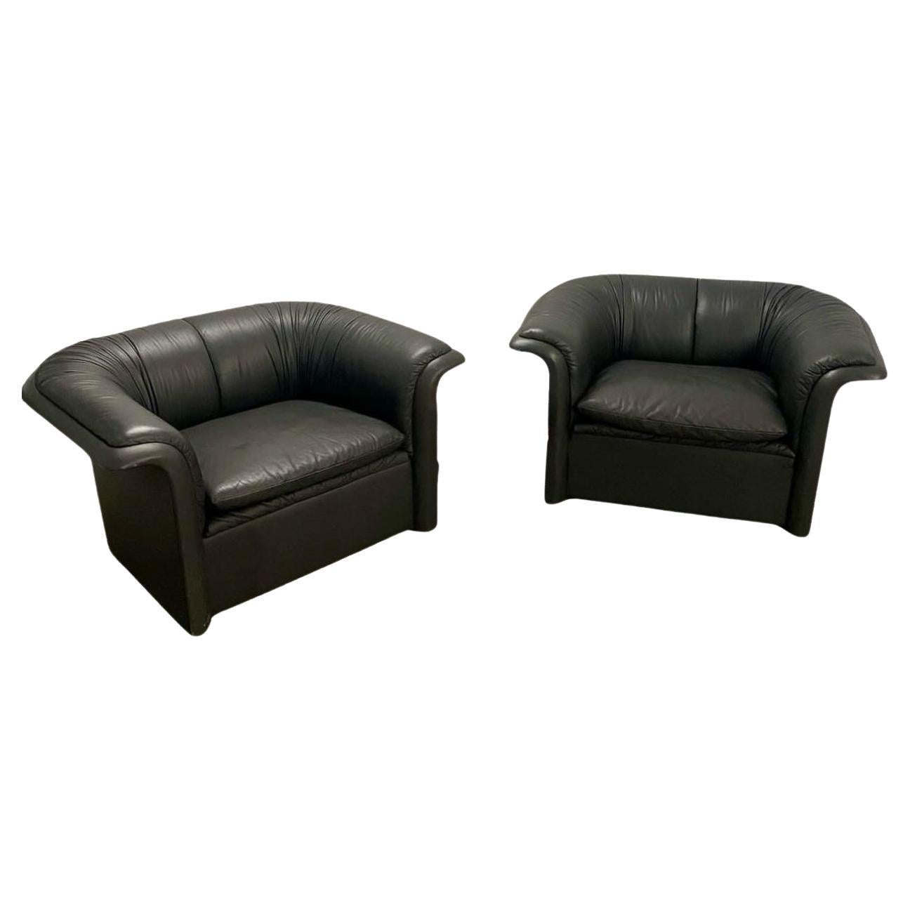 1980s Postmodern Black Leather Club Chairs by Roger Sprunger for Dunbar - a Pair