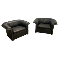 1980s Postmodern Black Leather Club Chairs by Roger Sprunger for Dunbar - a Pair