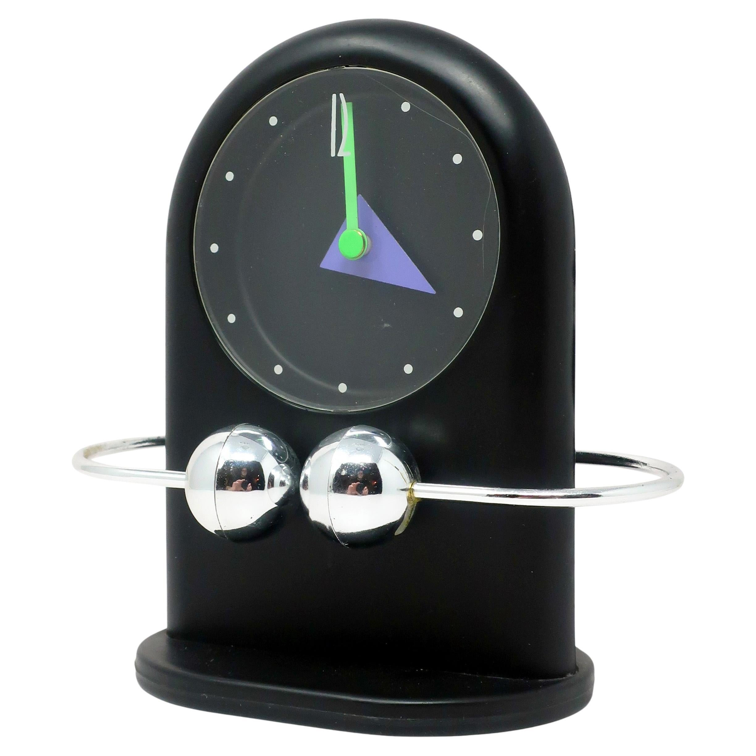 1980s Postmodern Black 
Silver Pendulum Desk Clock For Sale
