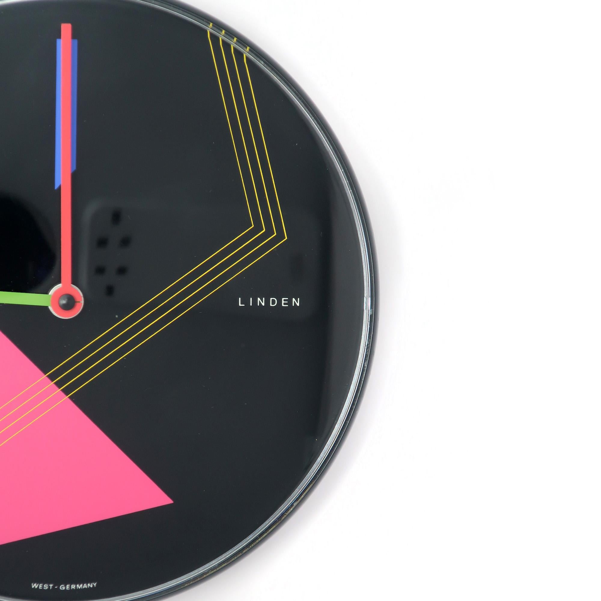 German 1980s Postmodern Black Wall Clock by Linden For Sale