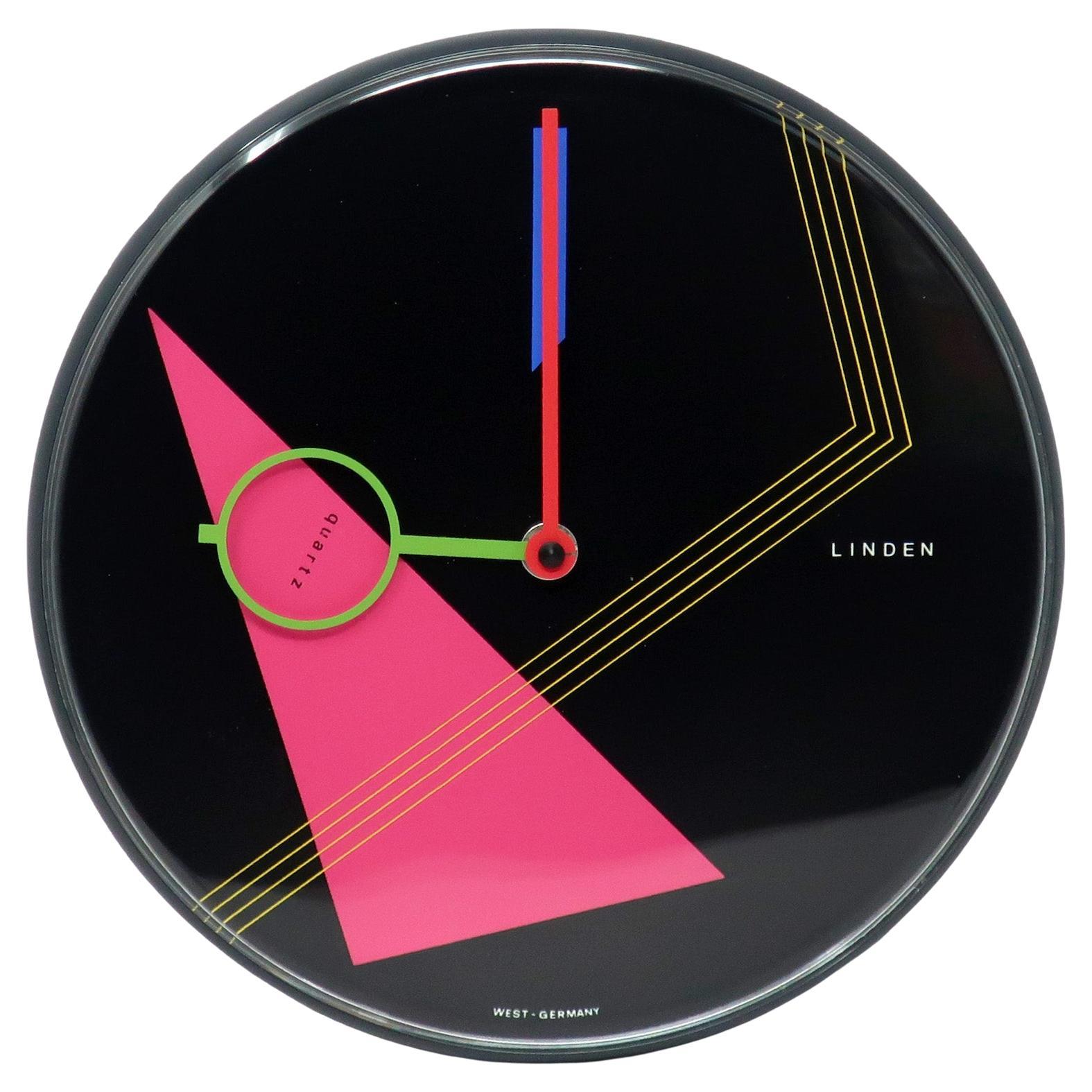 1980s Postmodern Black Wall Clock by Linden For Sale