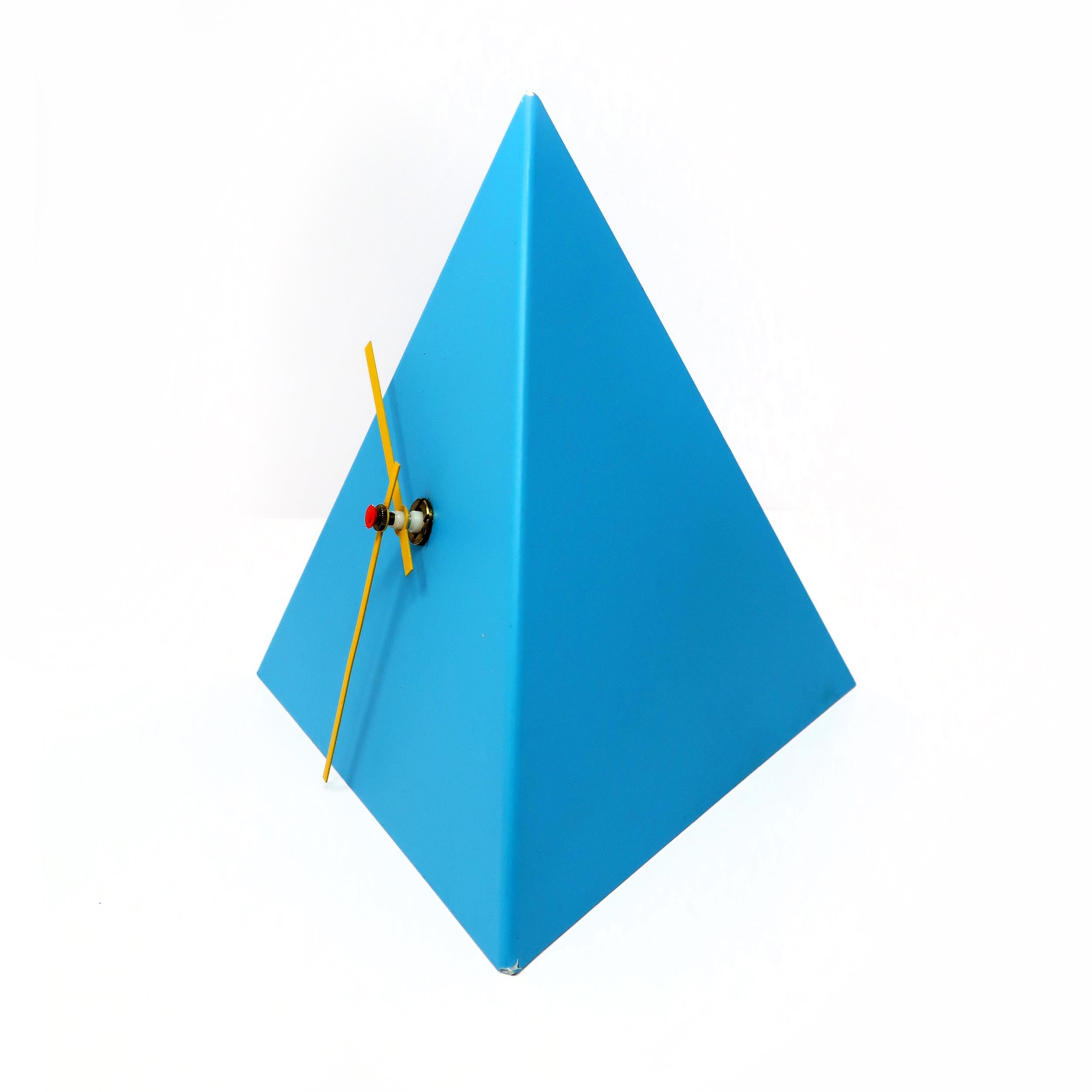 Post-Modern 1980s Postmodern Blue Metal Pyramid Clock For Sale