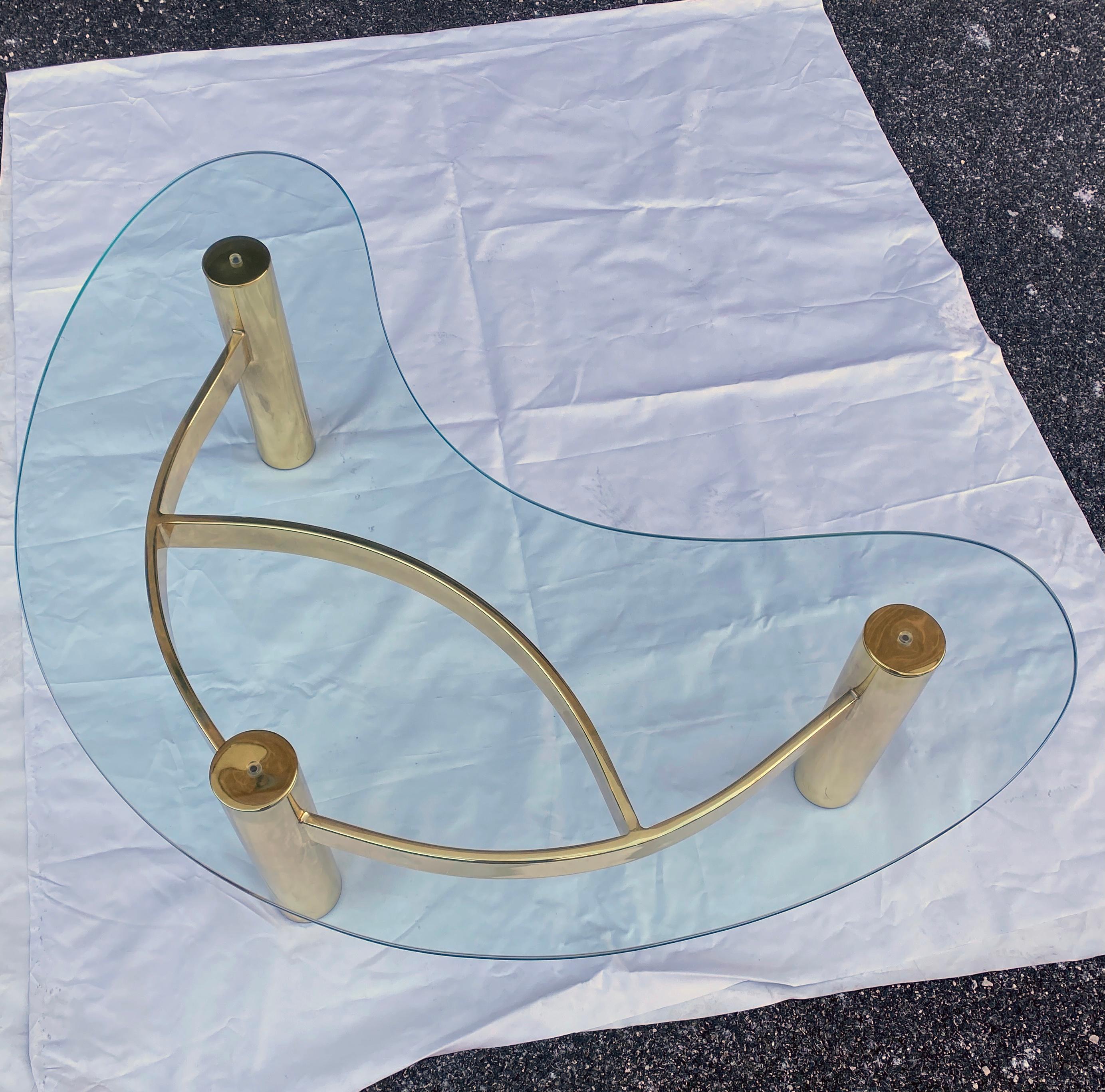 Modern 1980's Postmodern Boomerang Glass Brass Coffee Table For Sale