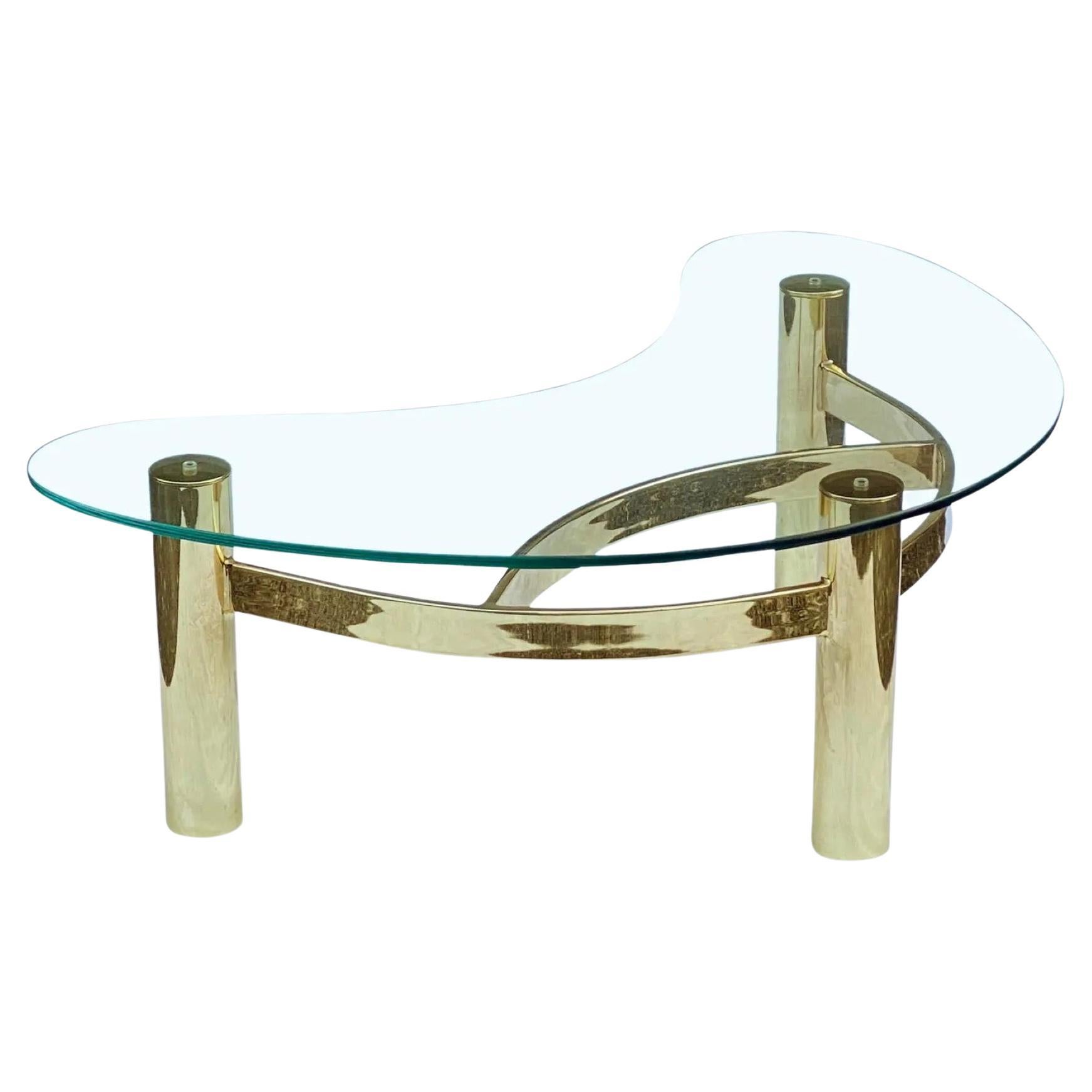 1980's Postmodern Boomerang Glass Brass Coffee Table For Sale