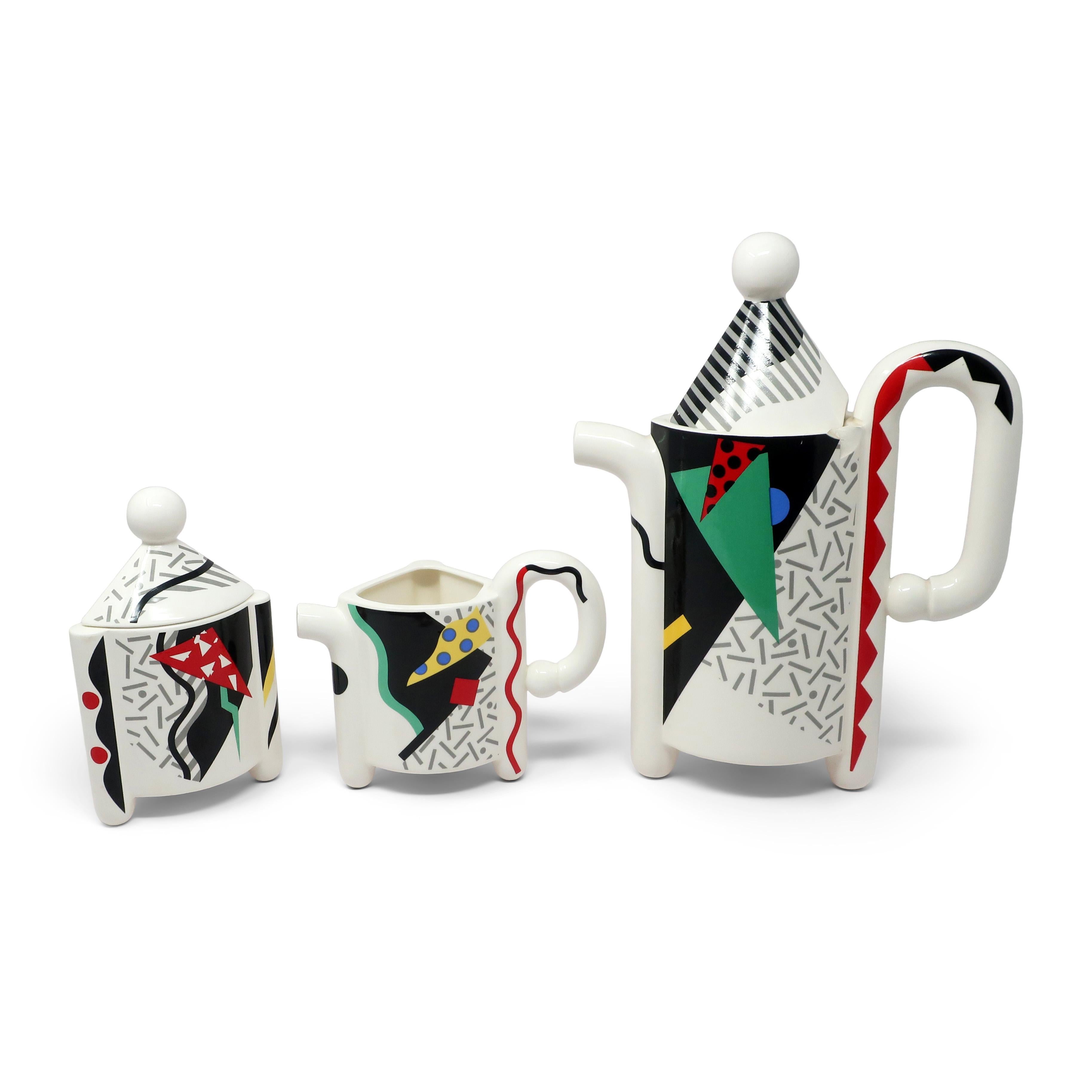 A set of ceramic tea pot, sugar bowl and creamer in the Carnival pattern for Kato Kogei’s Fujimori Collection. Fujimori was born in Japan in 1935 and won the National Art Award when he was just 19. He later worked in Chicago as a ceramics designer