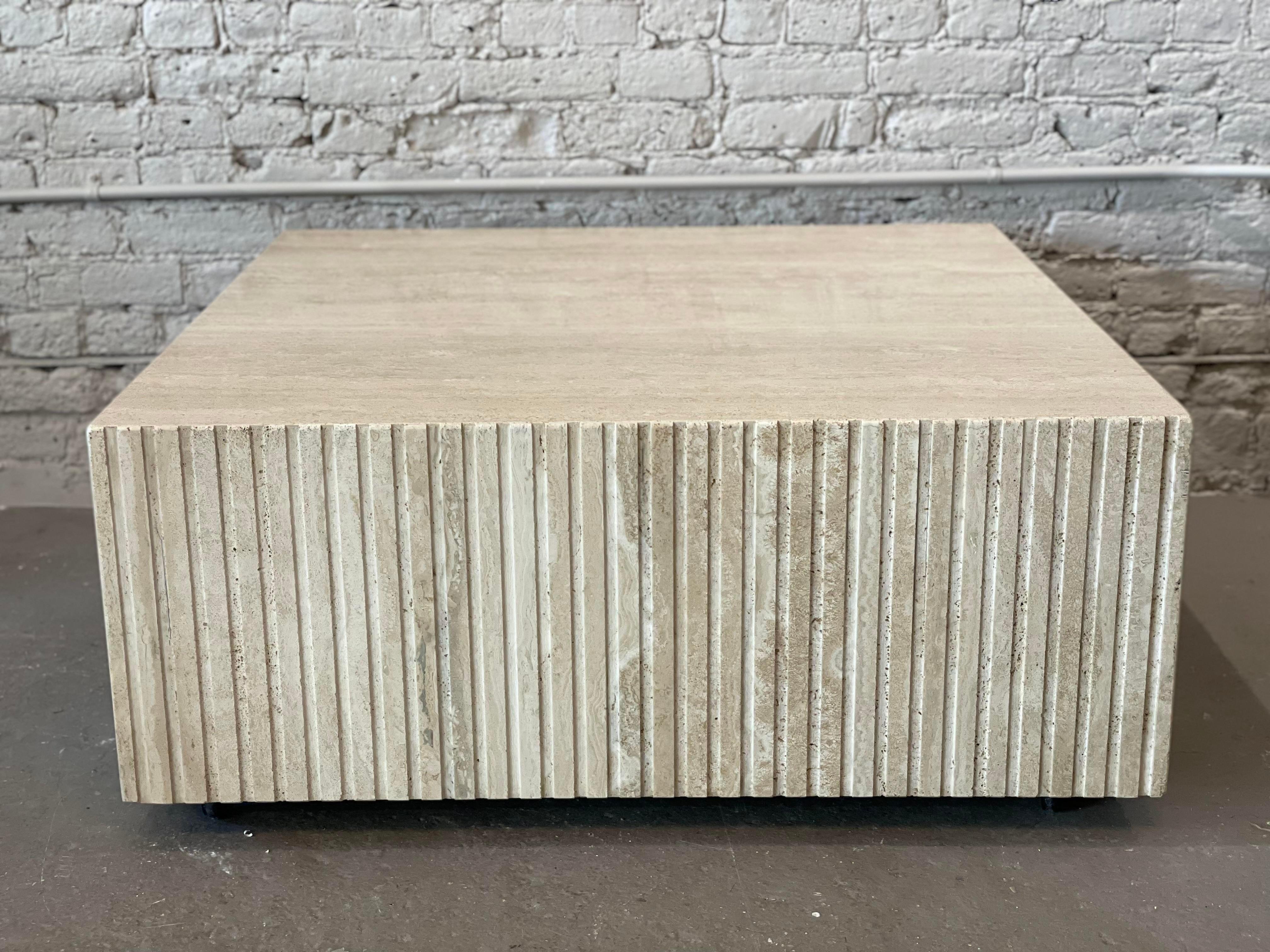 1980s, Postmodern Channeled Travertine Coffee Table on Wheels For Sale 1