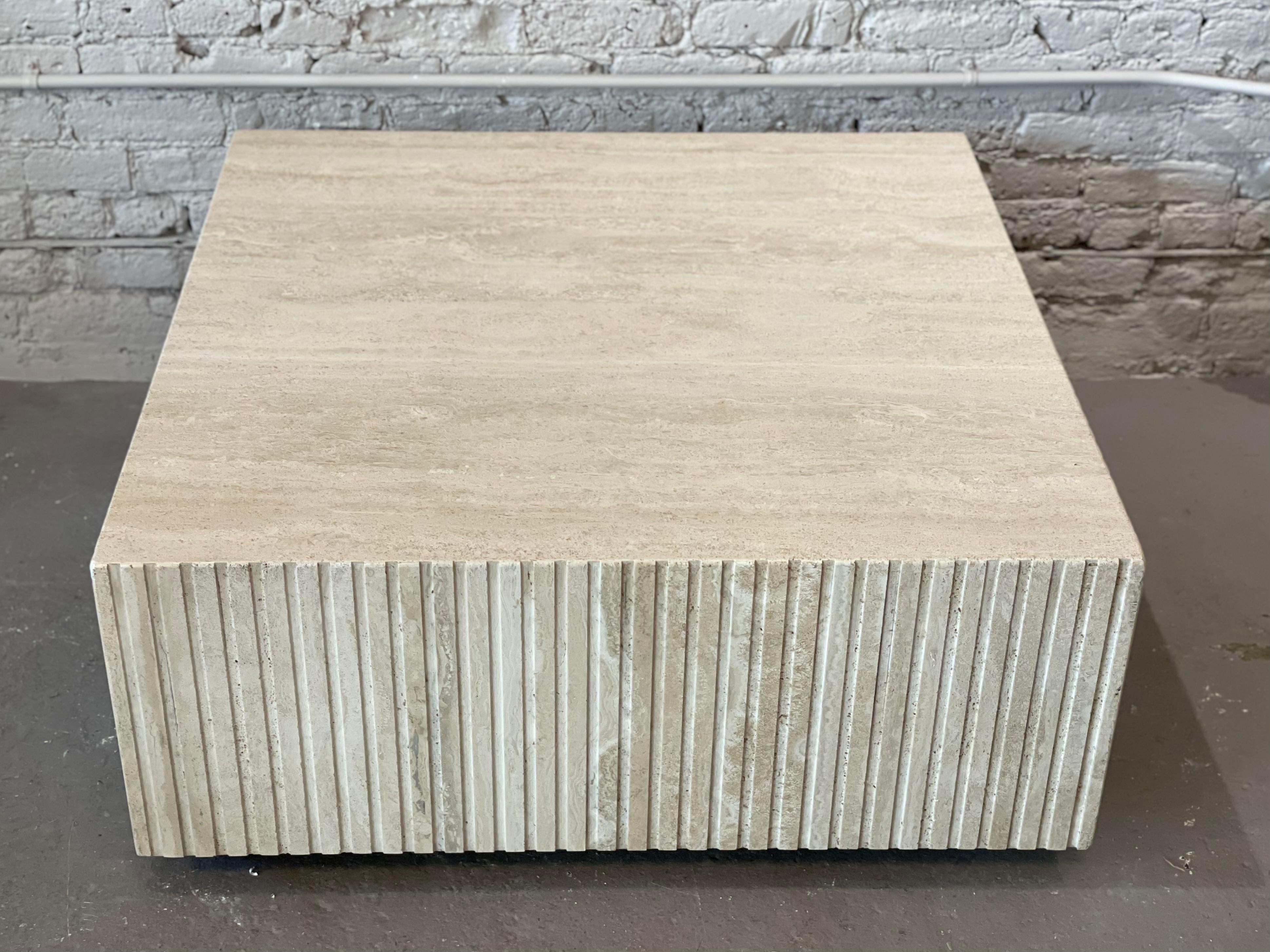 1980s, Postmodern Channeled Travertine Coffee Table on Wheels For Sale 3
