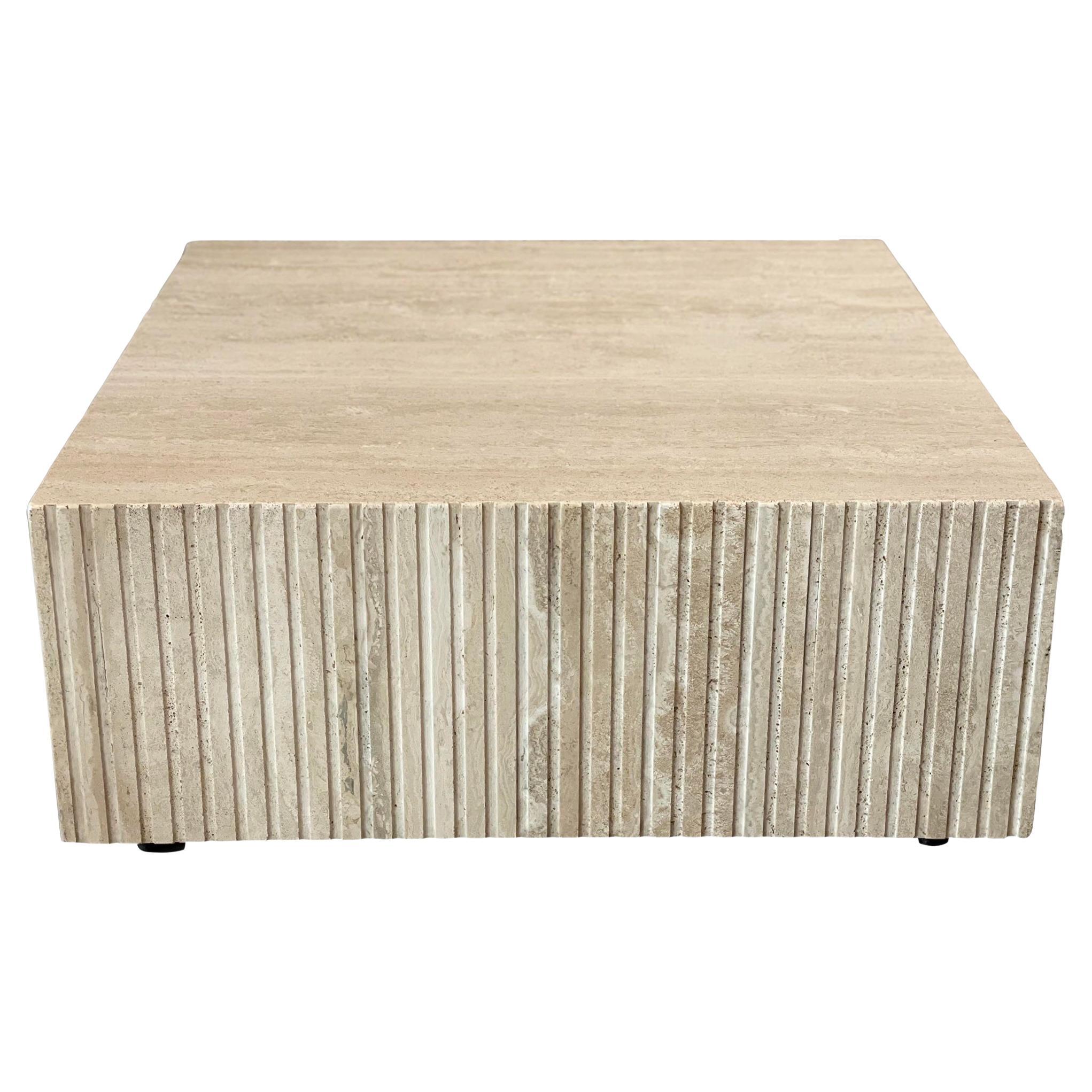 1980s, Postmodern Channeled Travertine Coffee Table on Wheels For Sale