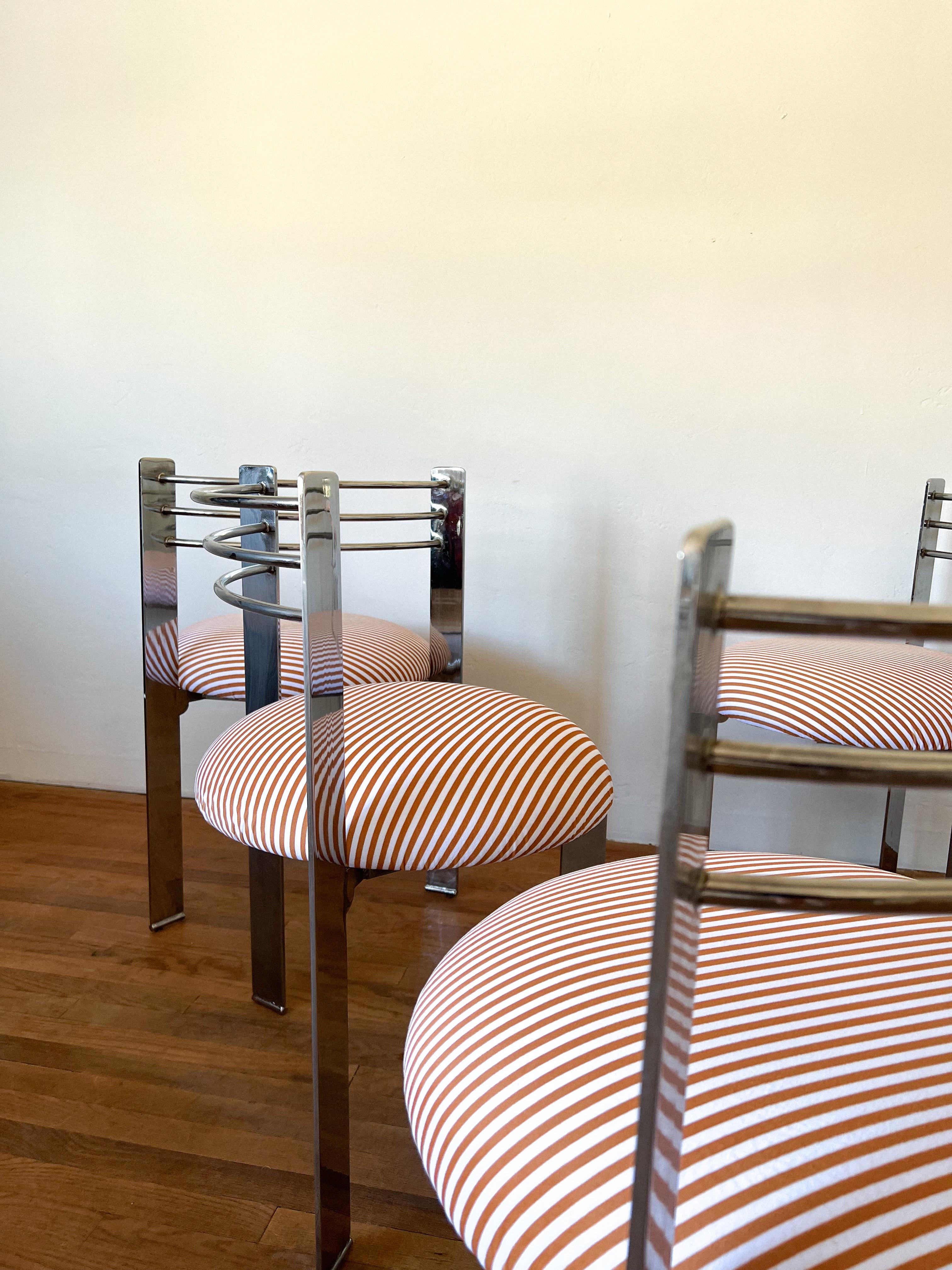 1980s Postmodern Chrome Tripod Dining Chairs- Set of 4 In Good Condition In La Mesa, CA