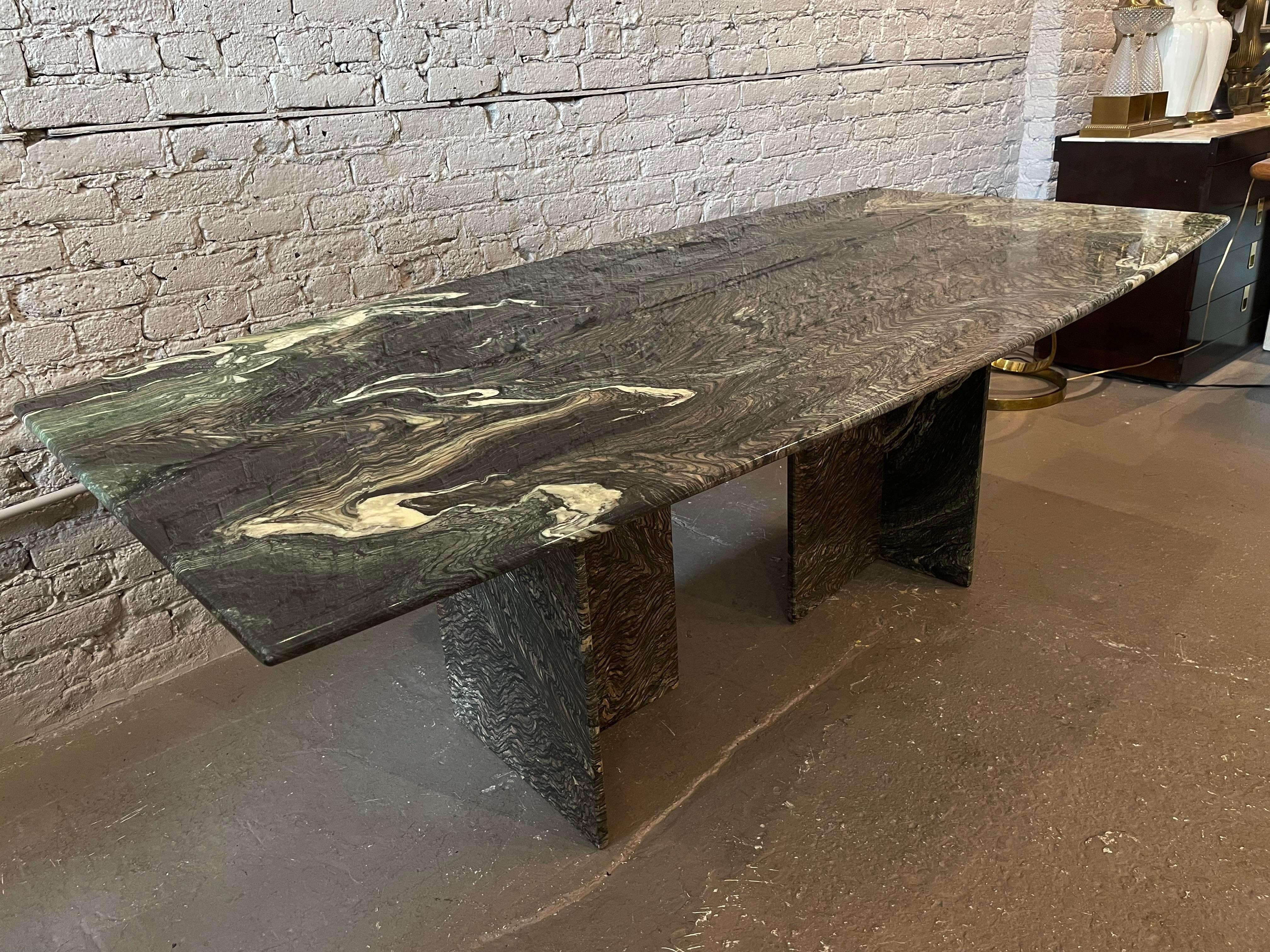 Absolutely breathtaking dining table. Dramatic elegance. The colors are: black, ivory, blush, with a bit of green.
The two pedestal bases separate from the top.
One corner (photographed) looks like it was repaired but it’s the least significant