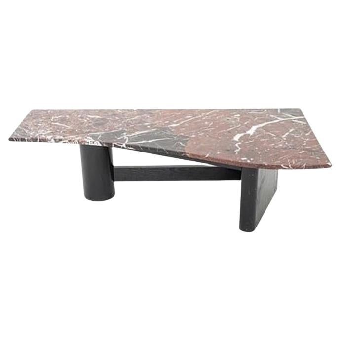1980s Postmodern Coffee Table in Rosso Levanto Marble with Ebonized Oak Base For Sale