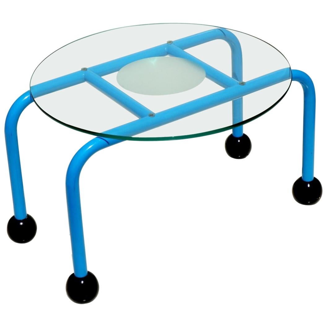 Table basse bleue italienne de design postmoderne Nanda Vigo des années 1980, style Memphis