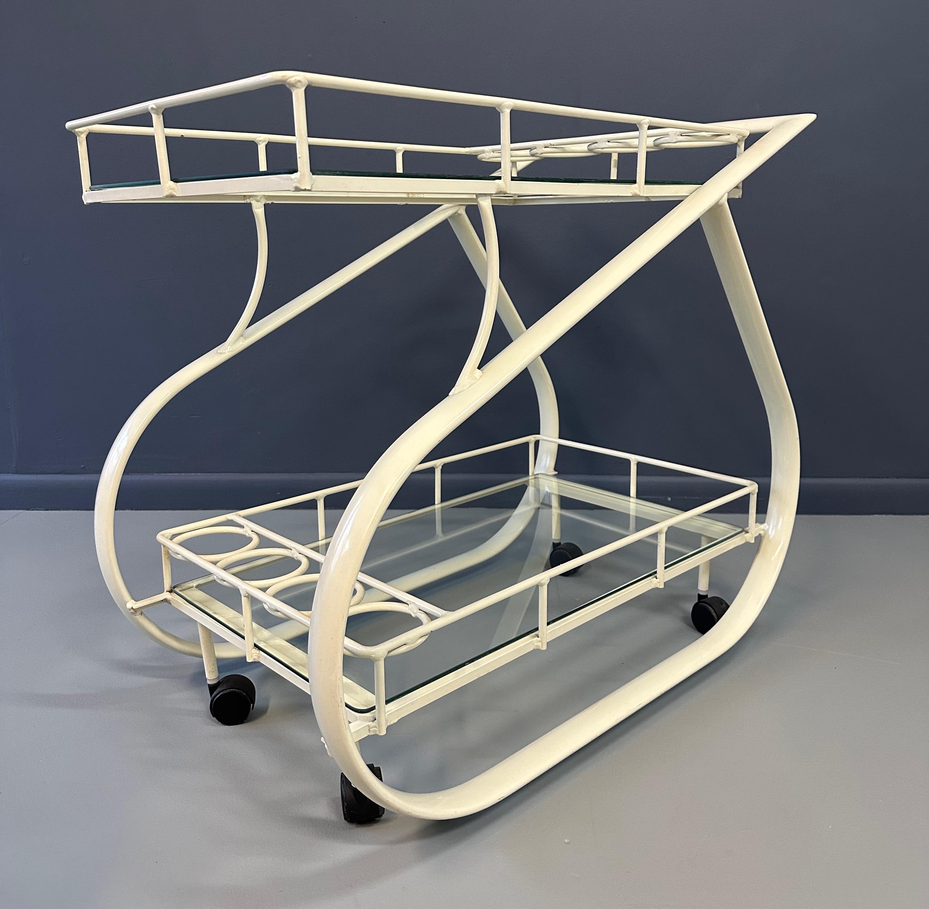 Postmoderner, geschwungener, zweistöckiger Barwagen aus Aluminium, Woodard zugeschrieben Woodard, 1980er Jahre im Angebot 6