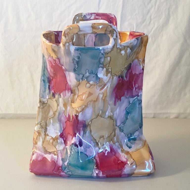 Post-Modern 1980s Postmodern Deruta Nazareno Picciotti Ceramic Handbag Vase For Sale