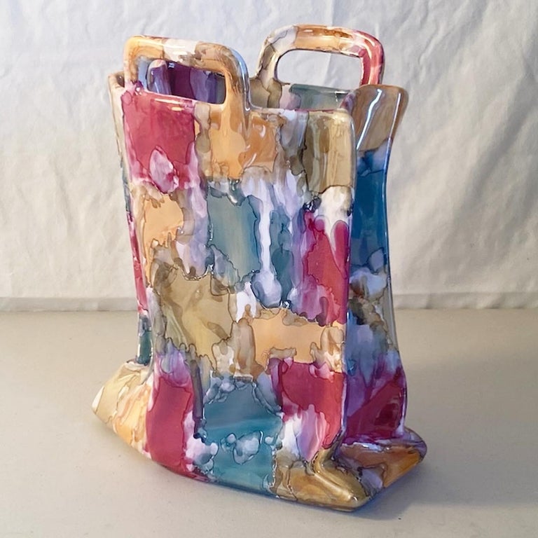 1980s Postmodern Deruta Nazareno Picciotti Ceramic Handbag Vase For Sale 1