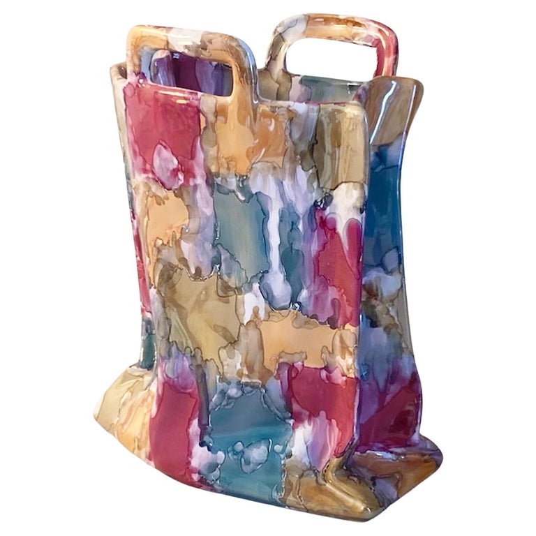 1980s Postmodern Deruta Nazareno Picciotti Ceramic Handbag Vase For Sale
