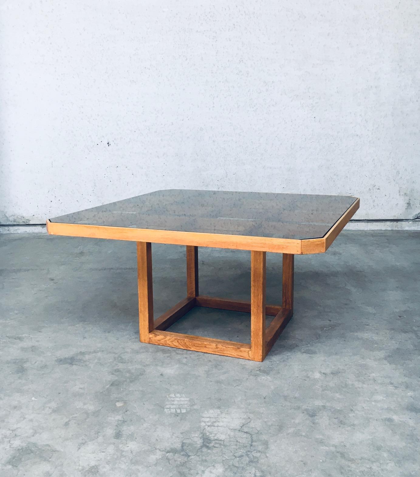 Vintage Postmodern Design Octagonal Square large dining table. Made in the 1980s. Probably Belgium. No maker markings or info found. Light oak constructed open frame with smoke grey glass inlay top. Impressive design and Size. Can easily seat 8.