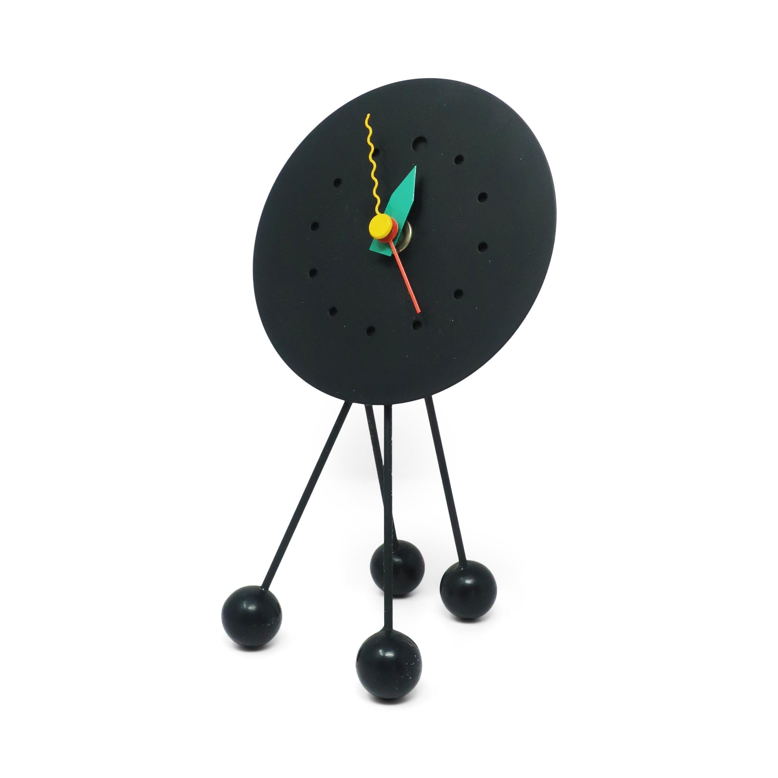 A fantastic Japanese postmodern vintage desk, mantel, or shelf clock by Shohei Mihara for Wakita.  (This design can also be found with markings from NEOS, the clock company that specialized in designs by Memphis Milano superstars Nathalie Du Paquier