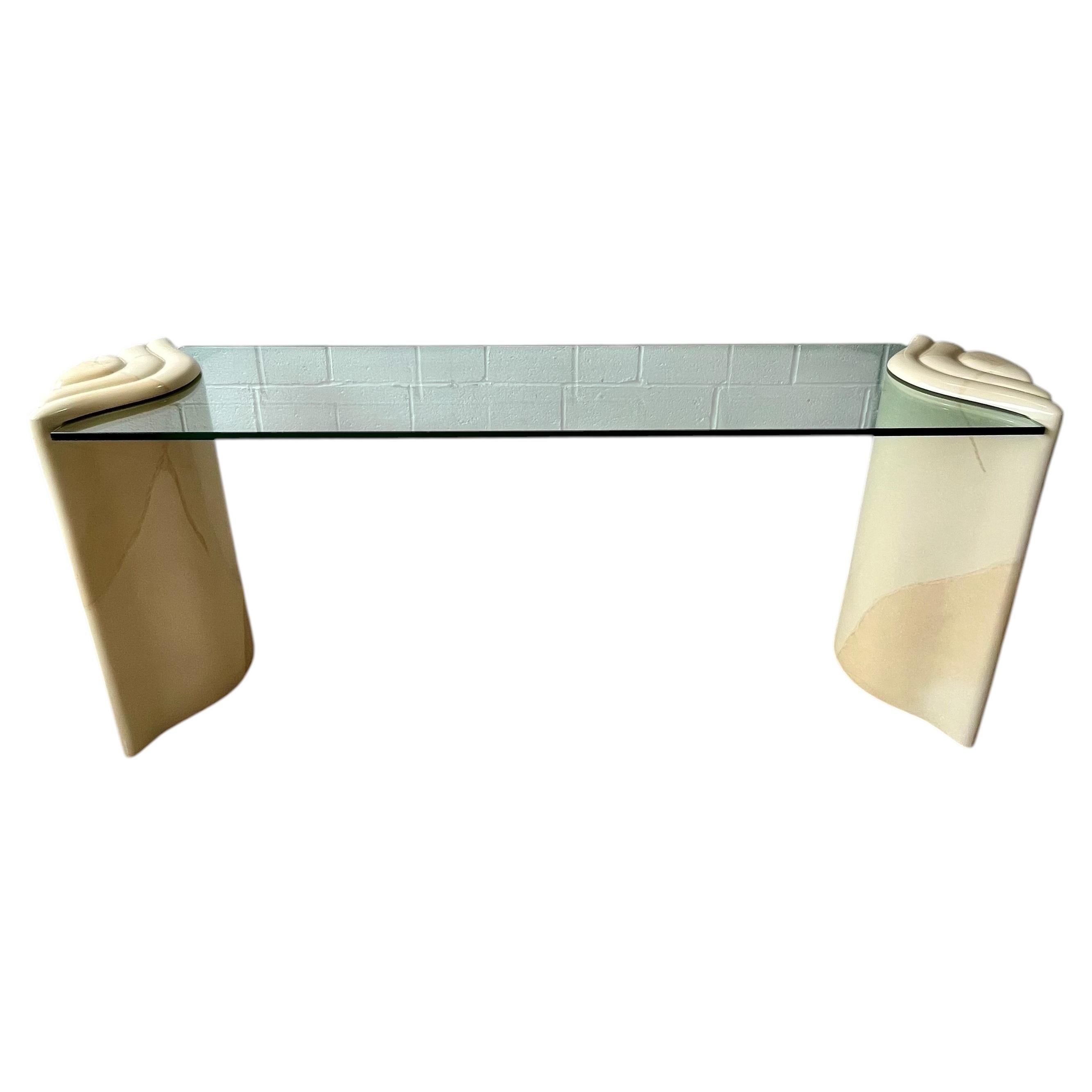 Postmodern Console Table in Ivory Faux Marble, Glass Top, 1980s Design For Sale