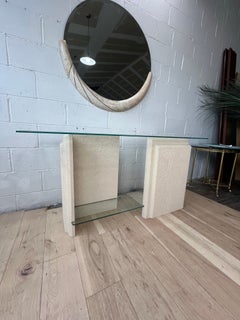 1980s Postmodern Faux Stone Textured Ivory Console Table and Glass Top and Shelf