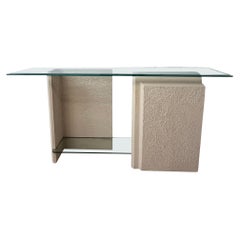 1980s Postmodern Faux Stone Textured Ivory Console Table and Glass Top and Shelf