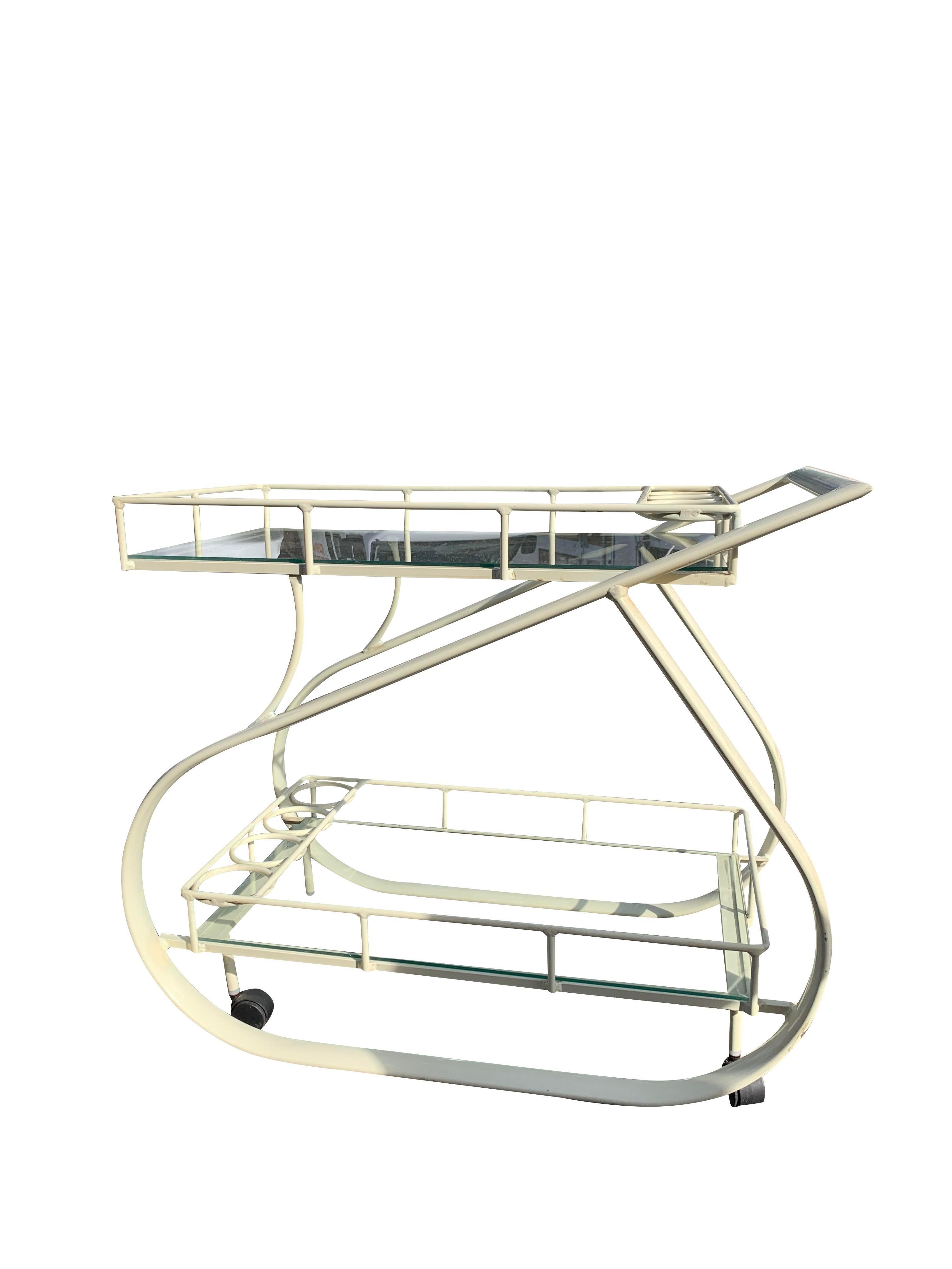 1980s Postmodern Form Bar or Tea Serving Cart in White In Good Condition In Saddle River, NJ