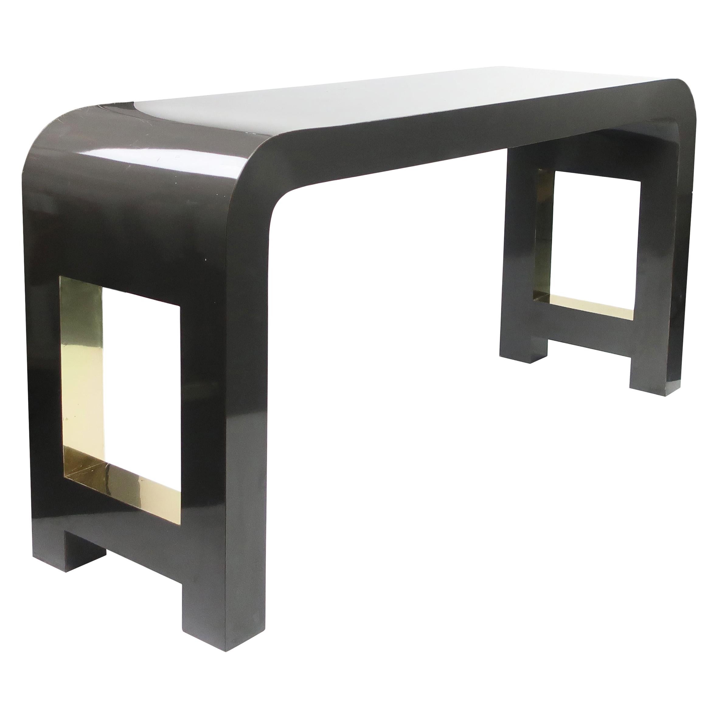 1980s Postmodern Gray and Brass Laminate Waterfall Console Table