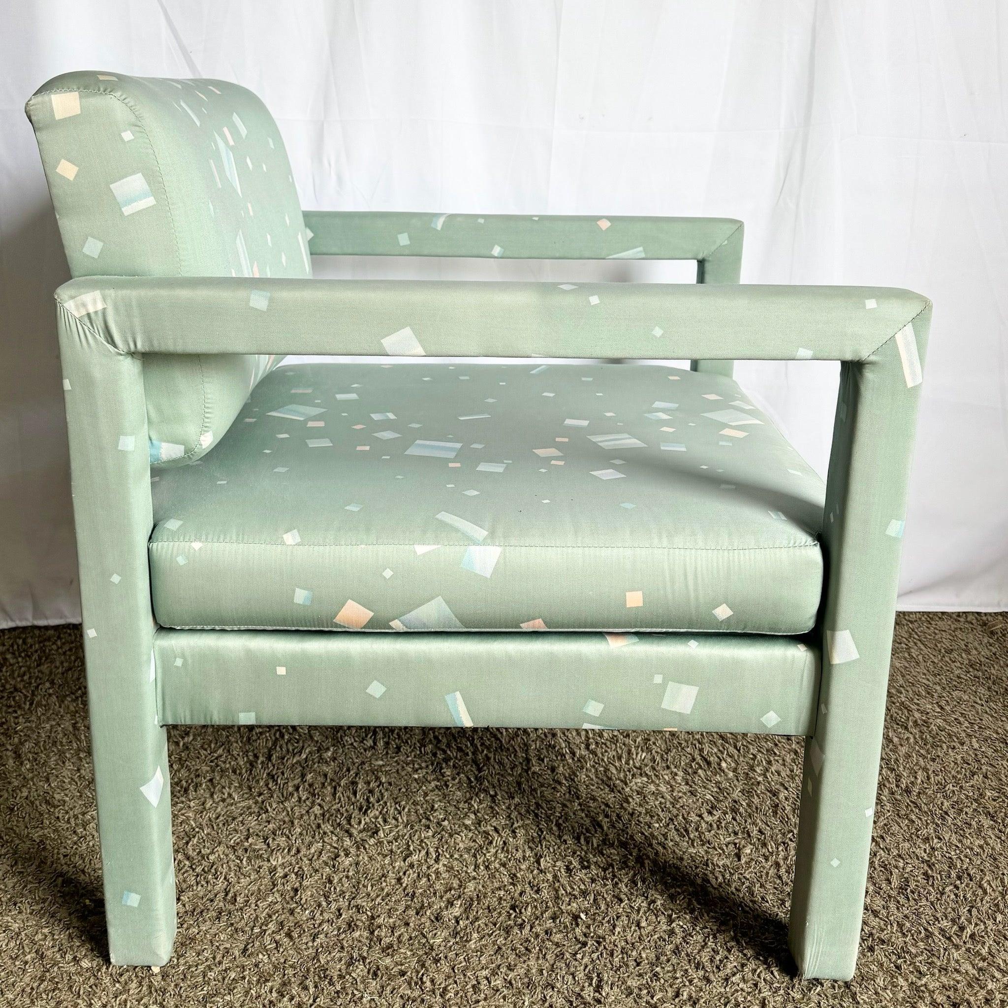 American 1980s Postmodern Green Blue and Pink Parsons Lounge Chair For Sale