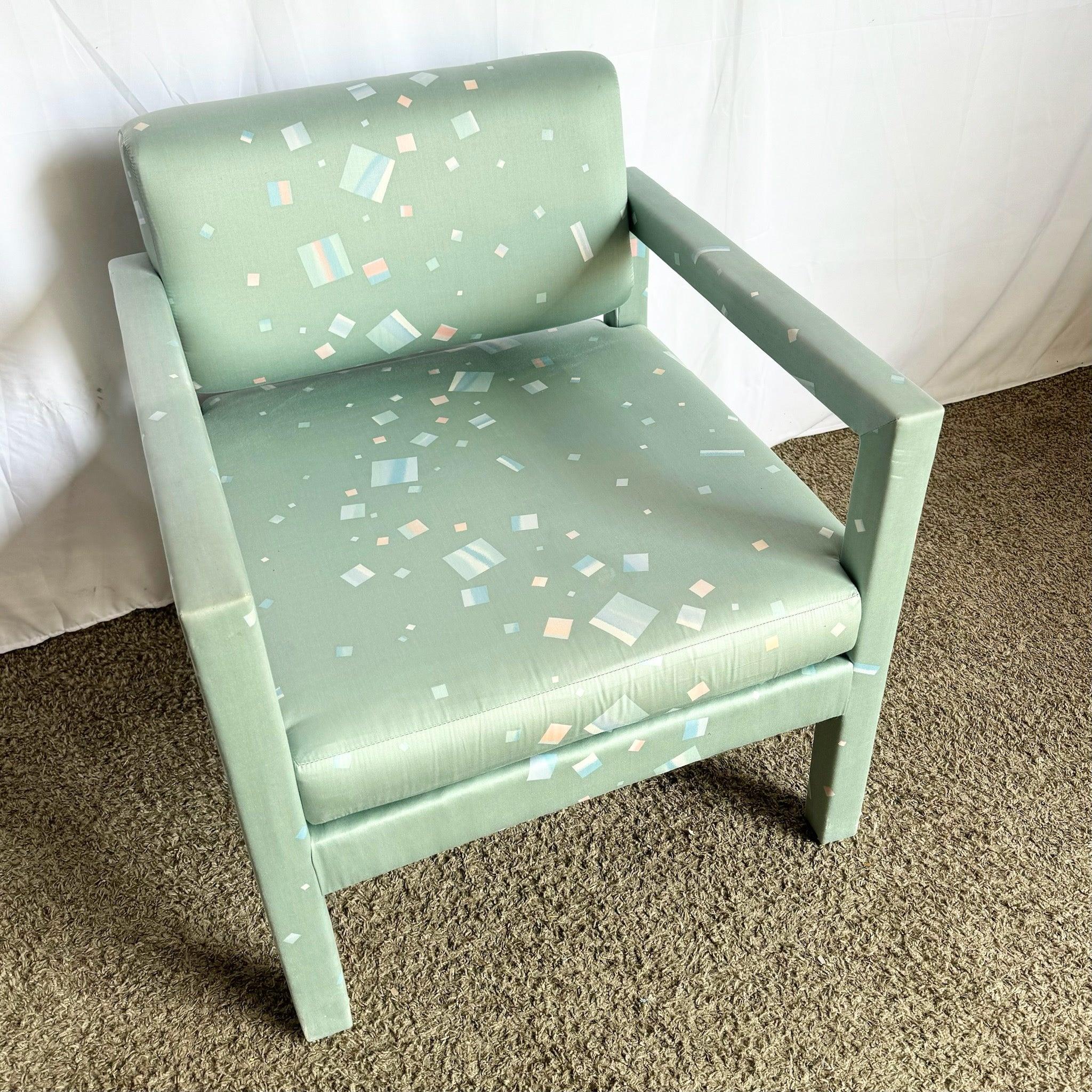 Fabric 1980s Postmodern Green Blue and Pink Parsons Lounge Chair For Sale