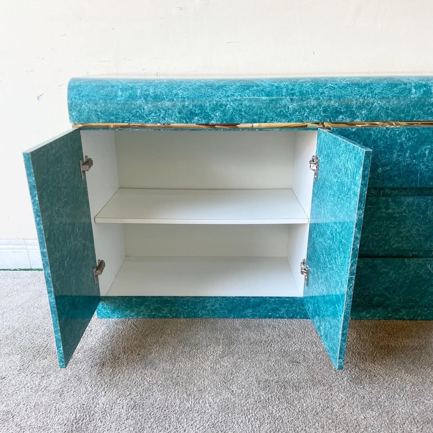 1980s, Postmodern Green Faux Marble Laminate Credenza with Gold Trim 1