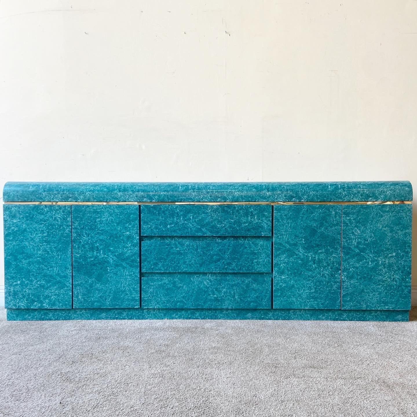 1980s, Postmodern Green Faux Marble Laminate Credenza with Gold Trim 3