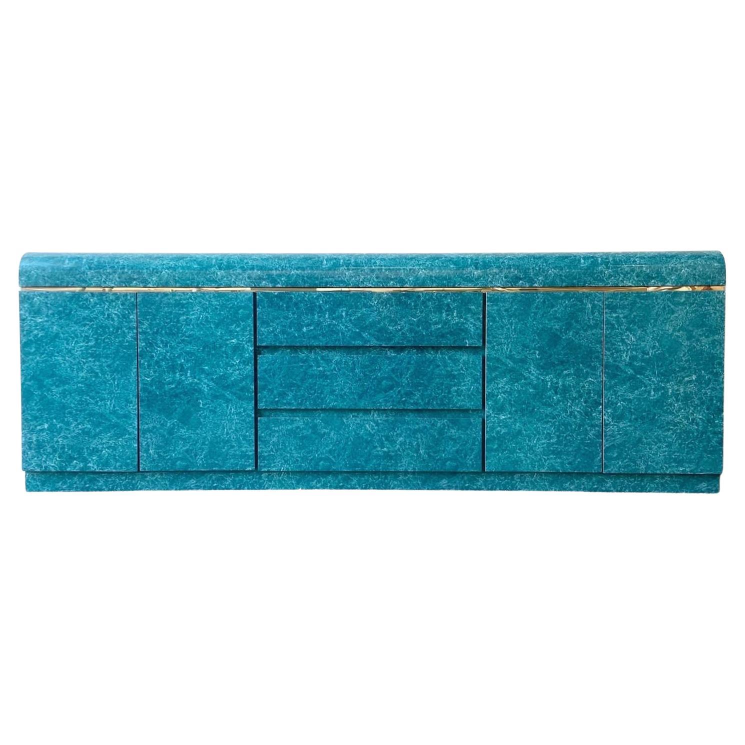 1980s, Postmodern Green Faux Marble Laminate Credenza with Gold Trim