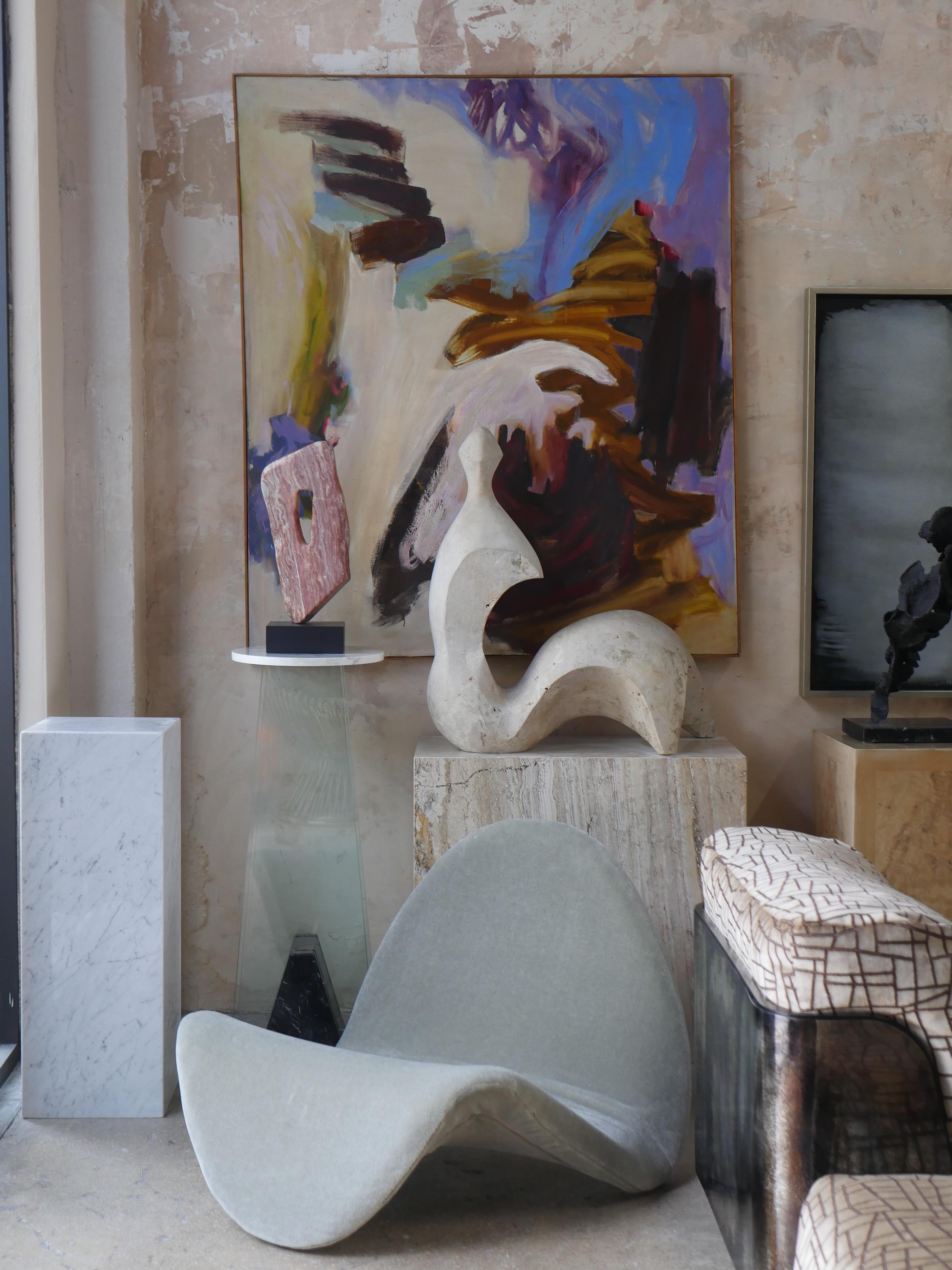 1980s Postmodern Italian Breccia Marble and Glass Geometric Pedestal In Good Condition For Sale In Miami, FL