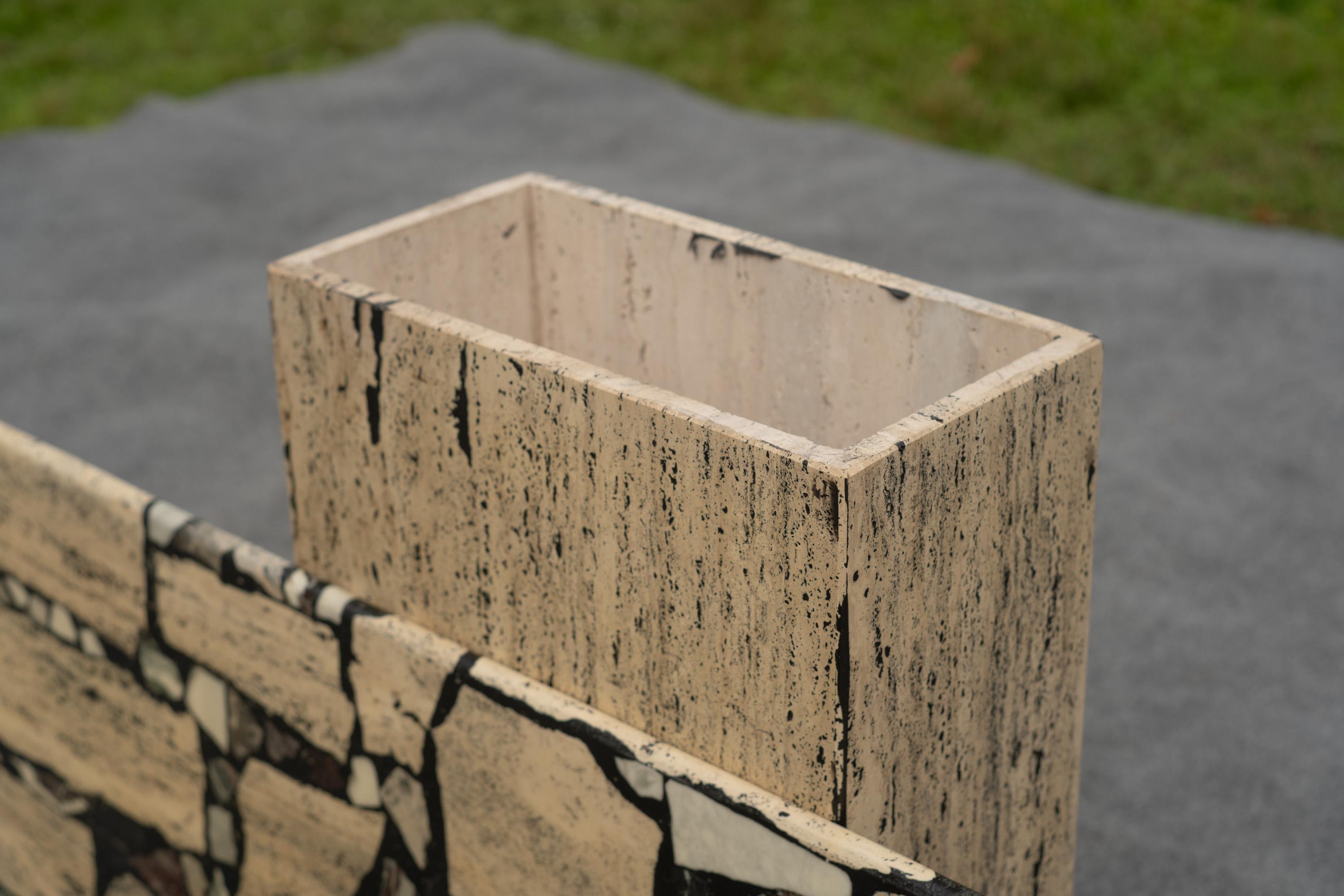 1980s Postmodern Italian Mixed Marble Inlay Travertine Console Table For Sale 9